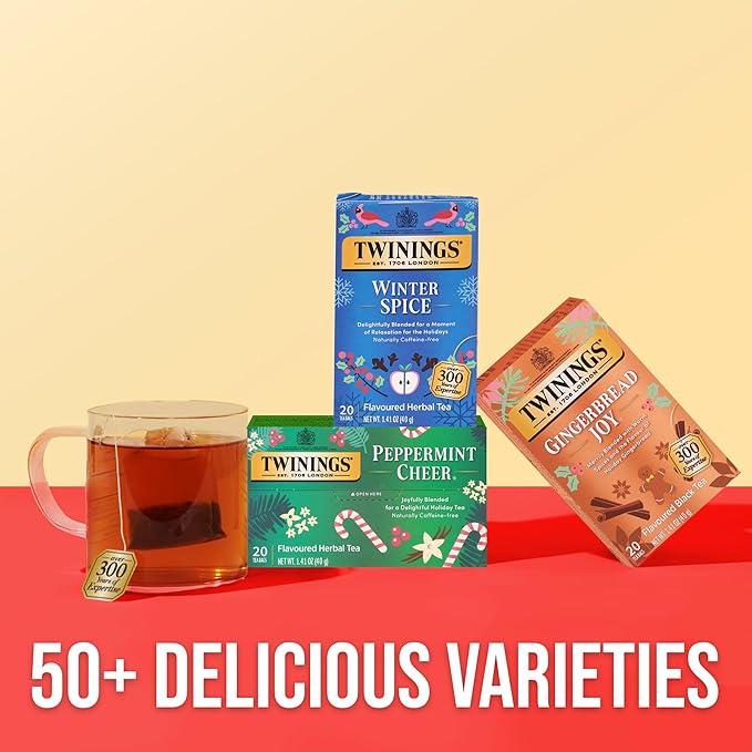 Twinings Peppermint Cheer Herbal Tea Individually Wrapped Bags, 20 Count (Pack of 2), Peppermint & Vanilla, Naturally Caffeine-Free, Enjoy Hot or Iced, 20 Teabags