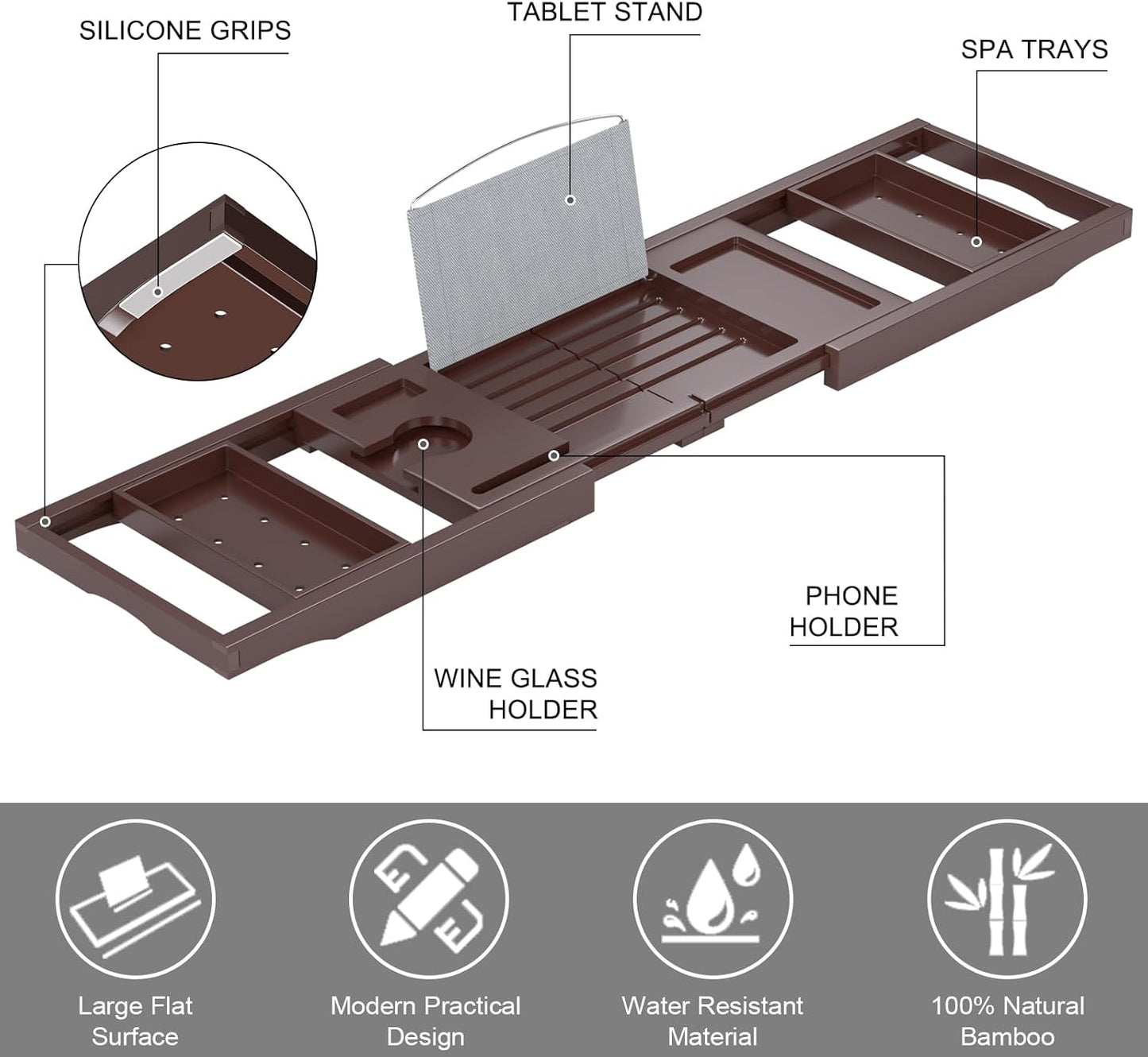 Bathtub Tray Caddy, Expandable Bath Trays for Tub, Bamboo Shelf & Table with Wine Glass Holder,Bathroom Accessories for New Home & Mothers Day & Birthday Gifts for Mom,Brown