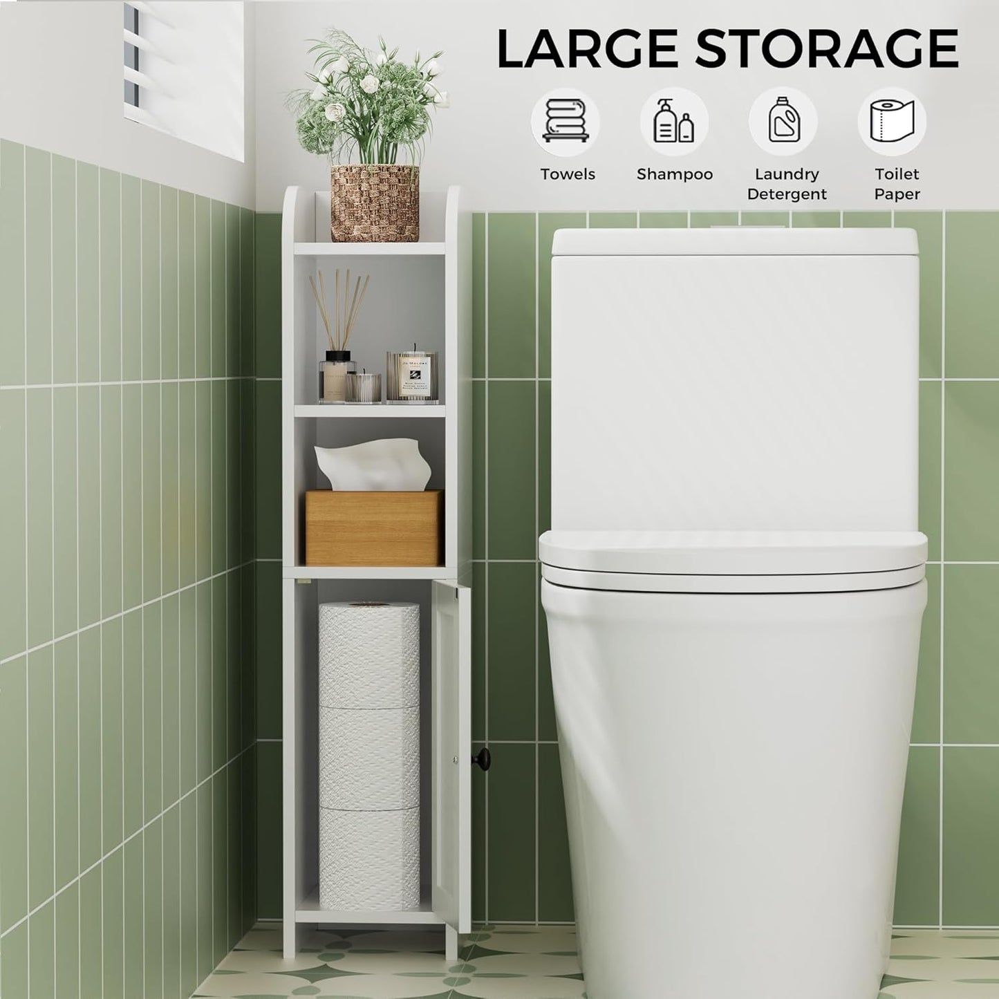 Homhedy Small Bathroom Storage Corner Floor Cabinet with Door and Shelves, Beside The Toilet Paper Stand for Skinny, Narrow Toilet Paper Cabinet, 7.9" D x 7.1" W x 31" H, White