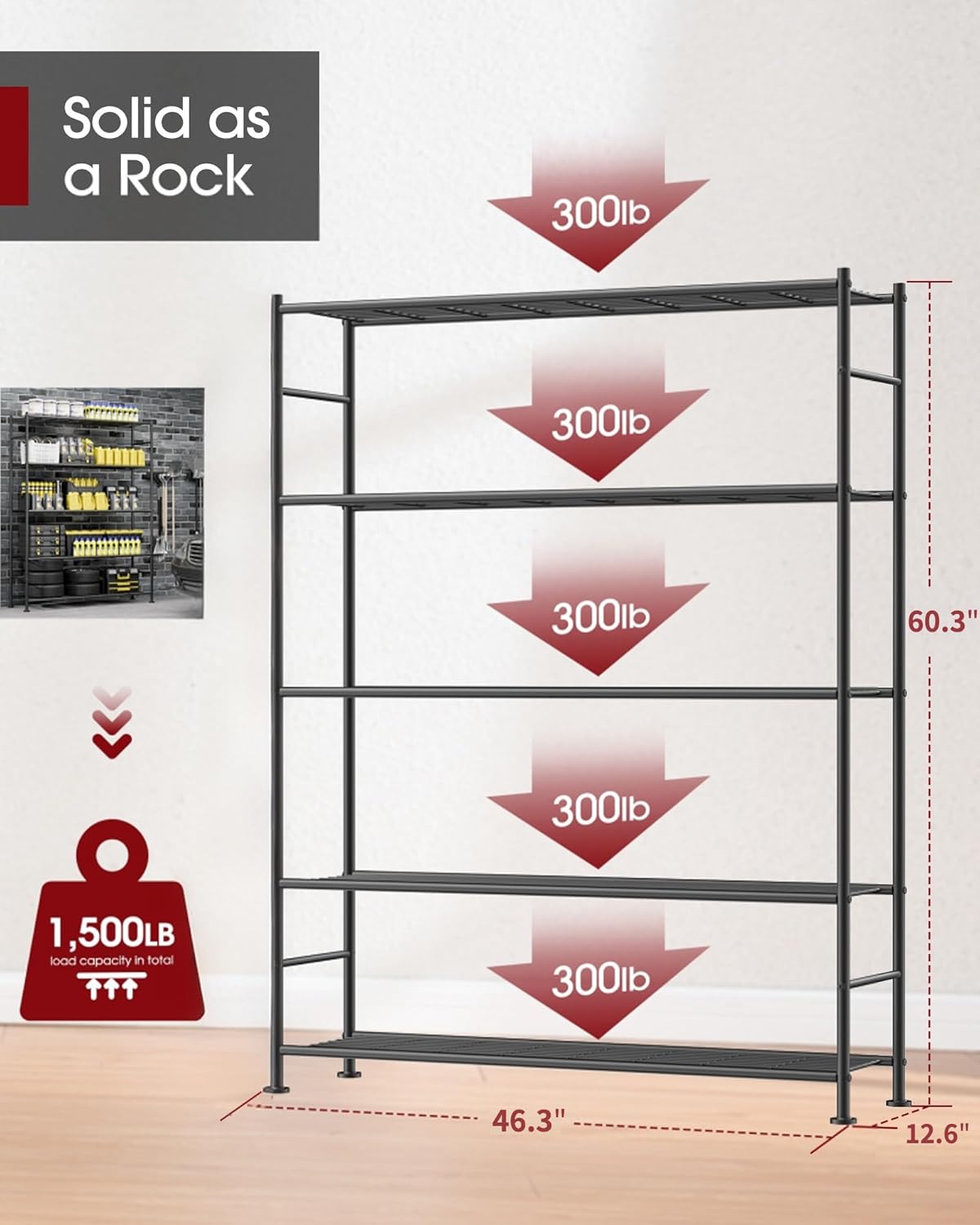 Storage Shelves - 5 Tier Shelf Organizer, Heavy Duty Garage Shelving Unit with Leveling Feet, Stable Metal Shelves Organizer for Pantry, Kitchen and Closet, 46.3" W x 12.6" D x 60.3" H, Black