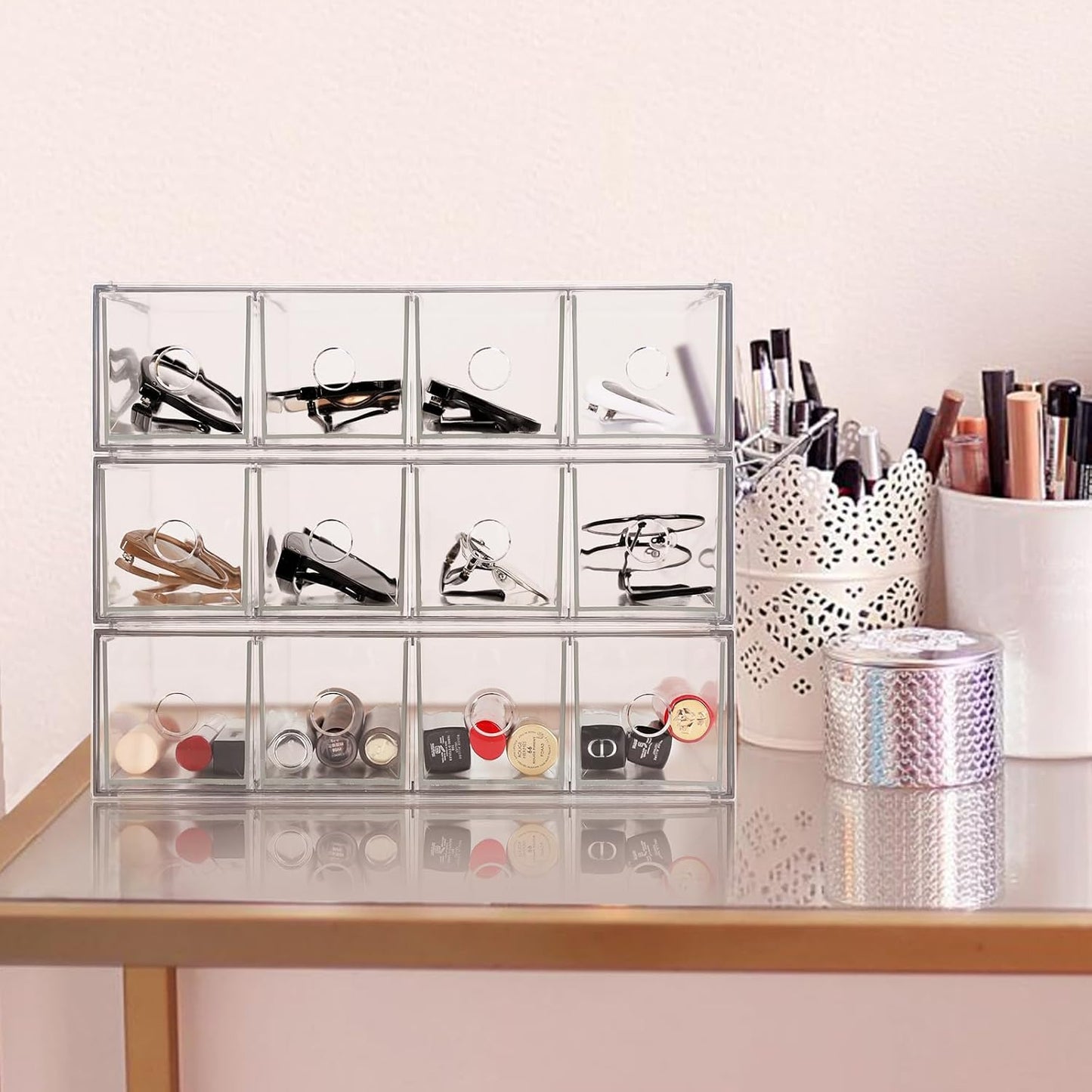3-Pack Stackable Acrylic Storage Drawers, Desk Organizer Transparent Cosmetic Storage Boxes, 4 Compartment Design Suitable for Stationery, Dressing Table, Sunglasses, Jewelry Storage Organization