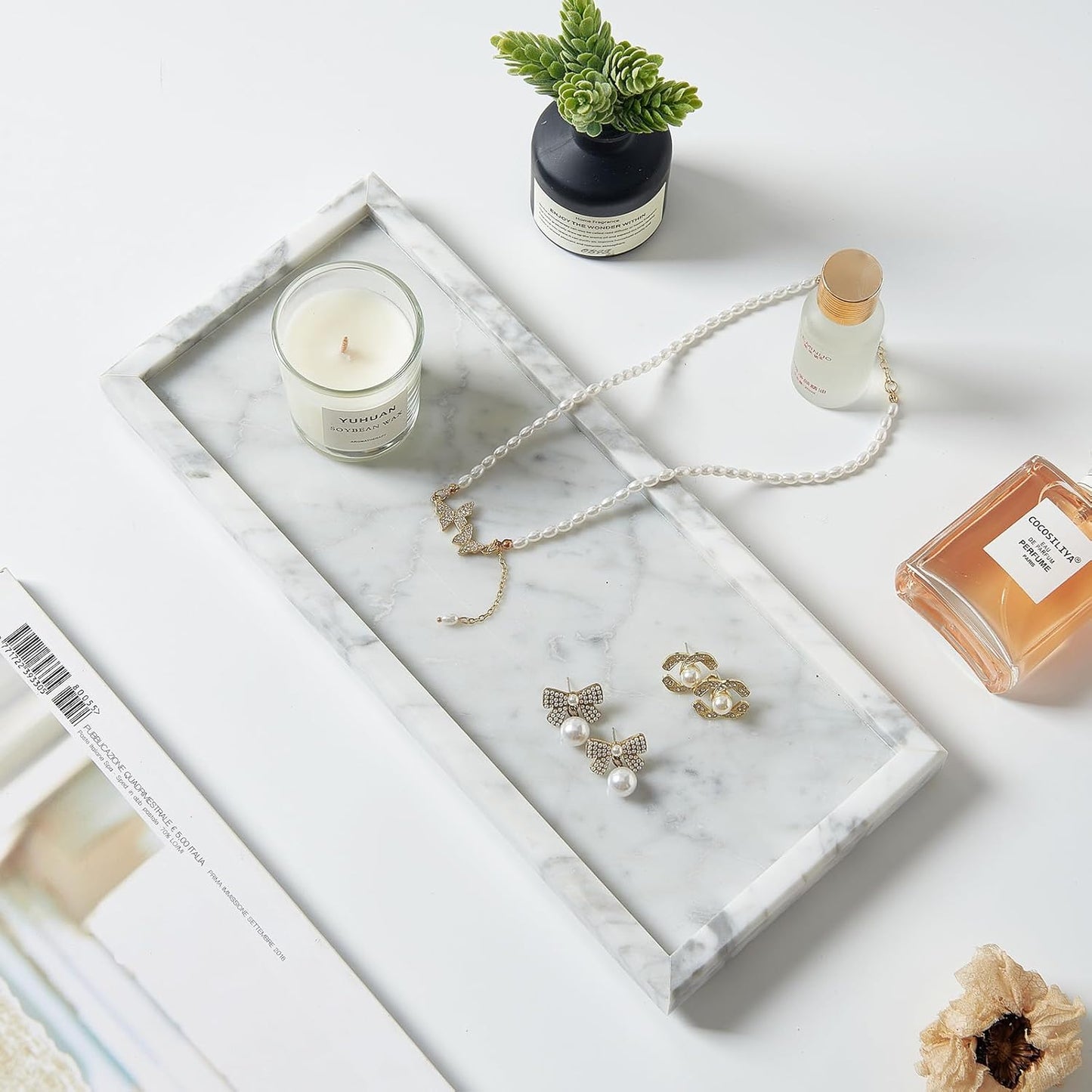 Luxury Natural Small Marble Tray for Bathroom Vanity and Kitchen Sink, Stone Countertop Organizer for Soap Dispenser, Jewelry, Perfume, Candle, Ring, Home Decor, Non-Resin Non-Ceramic