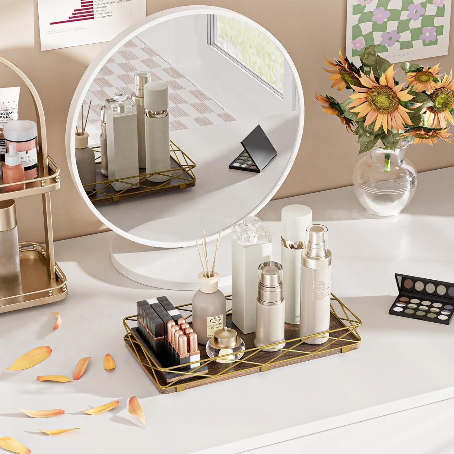 Toilet Paper Basket Holder, 13" Bathroom Tray Countertop, Wood and Metal Toilet Tank Tray Bathroom Vanity Organizer for Toiletry, Kitchen Sink Organizer for Soap Dispenser (Brown+Gold)