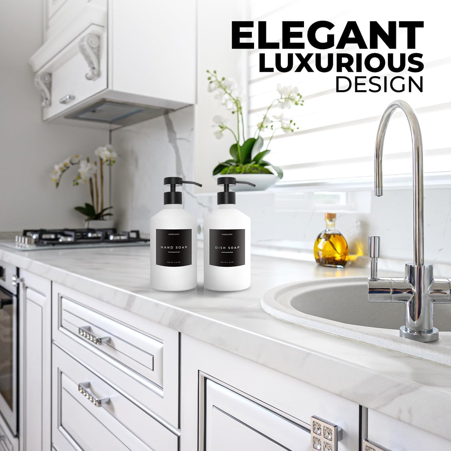 Luxury Glass Soap Dispenser Set of 2 - Elegant Aesthetic White Glass Bottles with Modern Matte Black Stainless Steel Pumps, Ideal for Kitchen, Bathroom, Hand Soap, Dish Soap, and More.