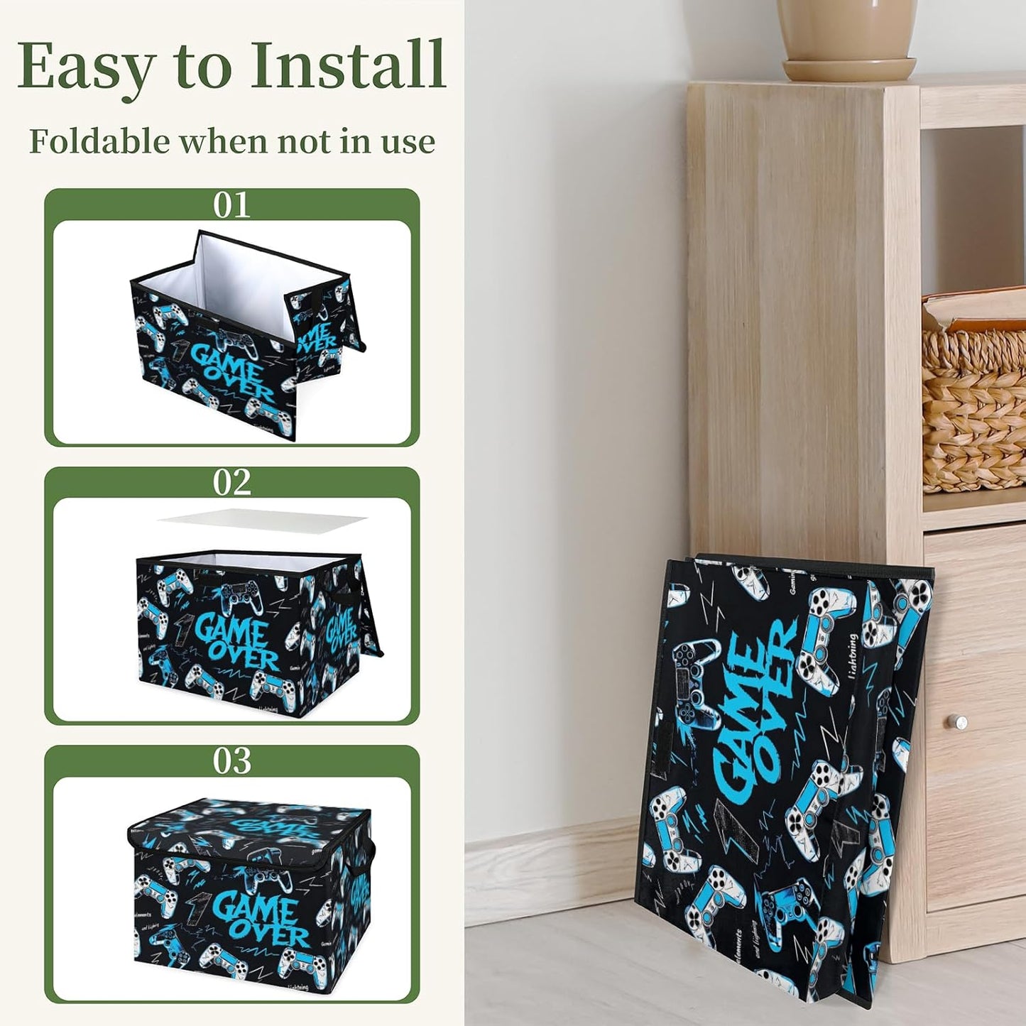 Closet Storage Bins Storage Baskets for Organizing with Flip-Top Lid & Handles, 27 Quart Large Linen Closet Organizers and Storage Cubes, Decorative Wardrobe Boxes for Organization (Game Console)