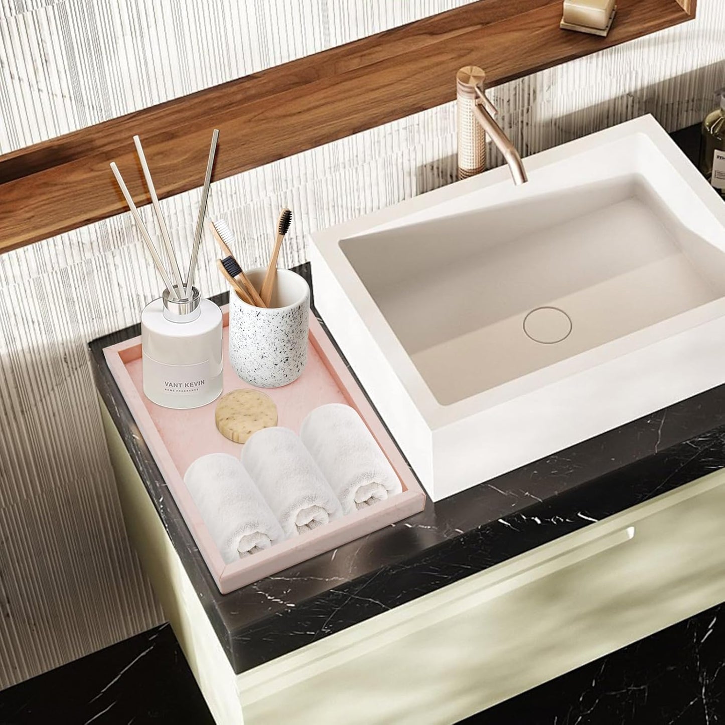 Real Natural Marble Tray for Bathroom, Vanity, Kitchen and Desktop, Rectangle Genuine Marble Stone Tray for Jewelry, Cosmetics, Candles, Lotion, Perfume and Home Decor