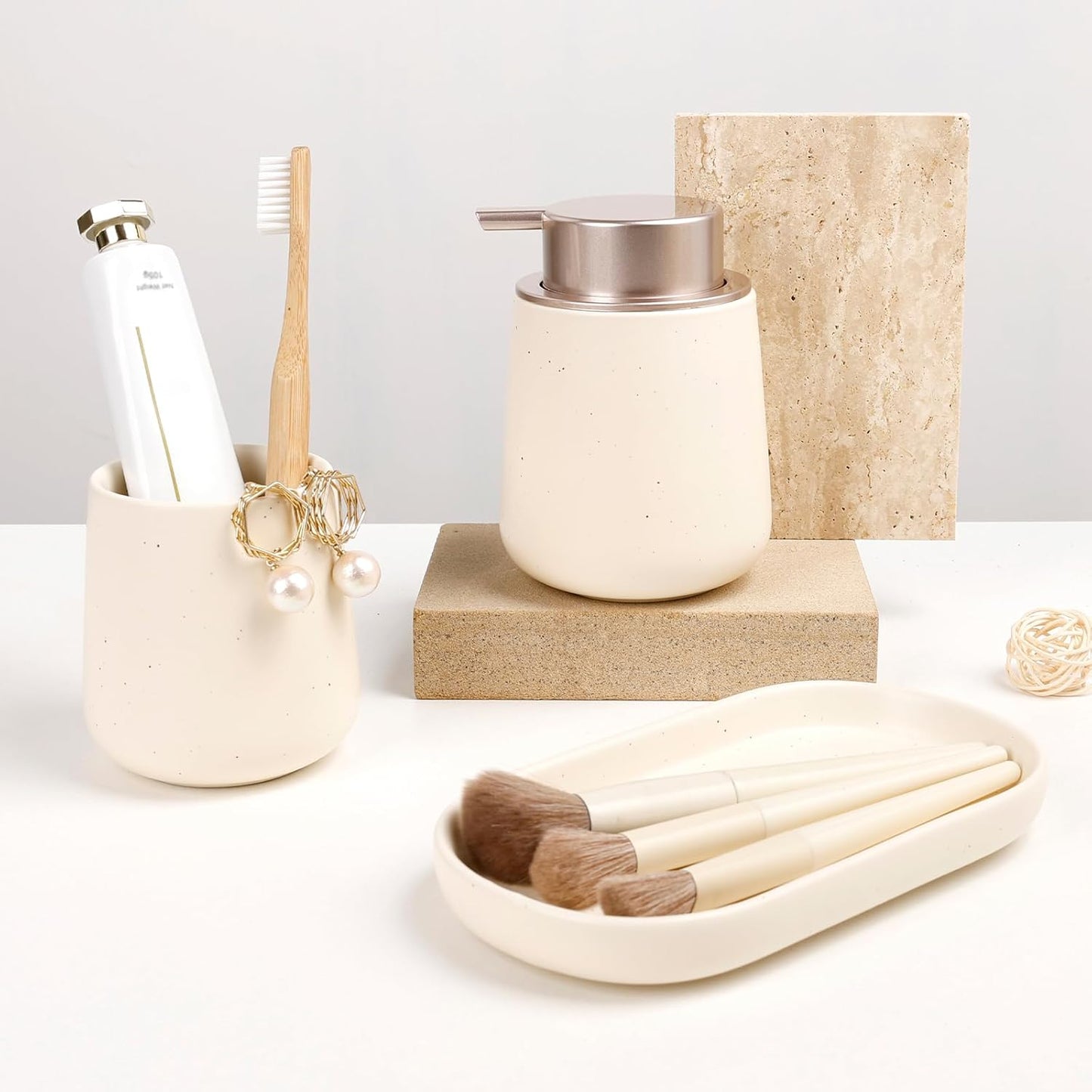 BosilunLife Bathroom Accessory Set - 3 pcs Ceramic Bathroom Soap Dispenser Set Farmhouse Bathroom Counter Decor Set Accessories, Soap Dispenser and Toothbrush Holder with Tray