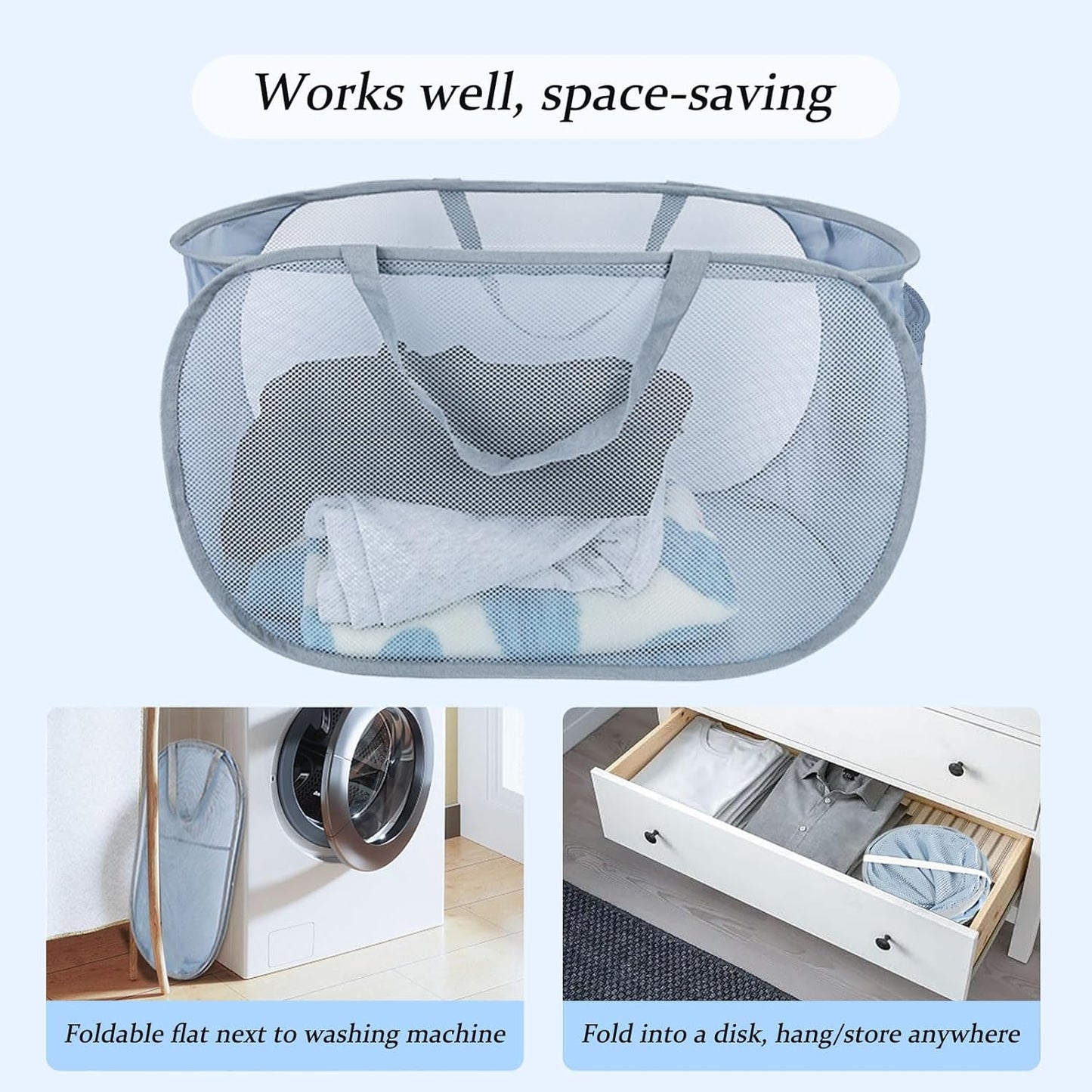 Extra Large Mesh Pop Up Laundry Hamper 2 Pack, 100L Foldable Laundry Baskets, Dirty Clothes Hamper with Pocket, Collapsible Hampers for Travel, Nursery, Dorm or Home. Grey 2H