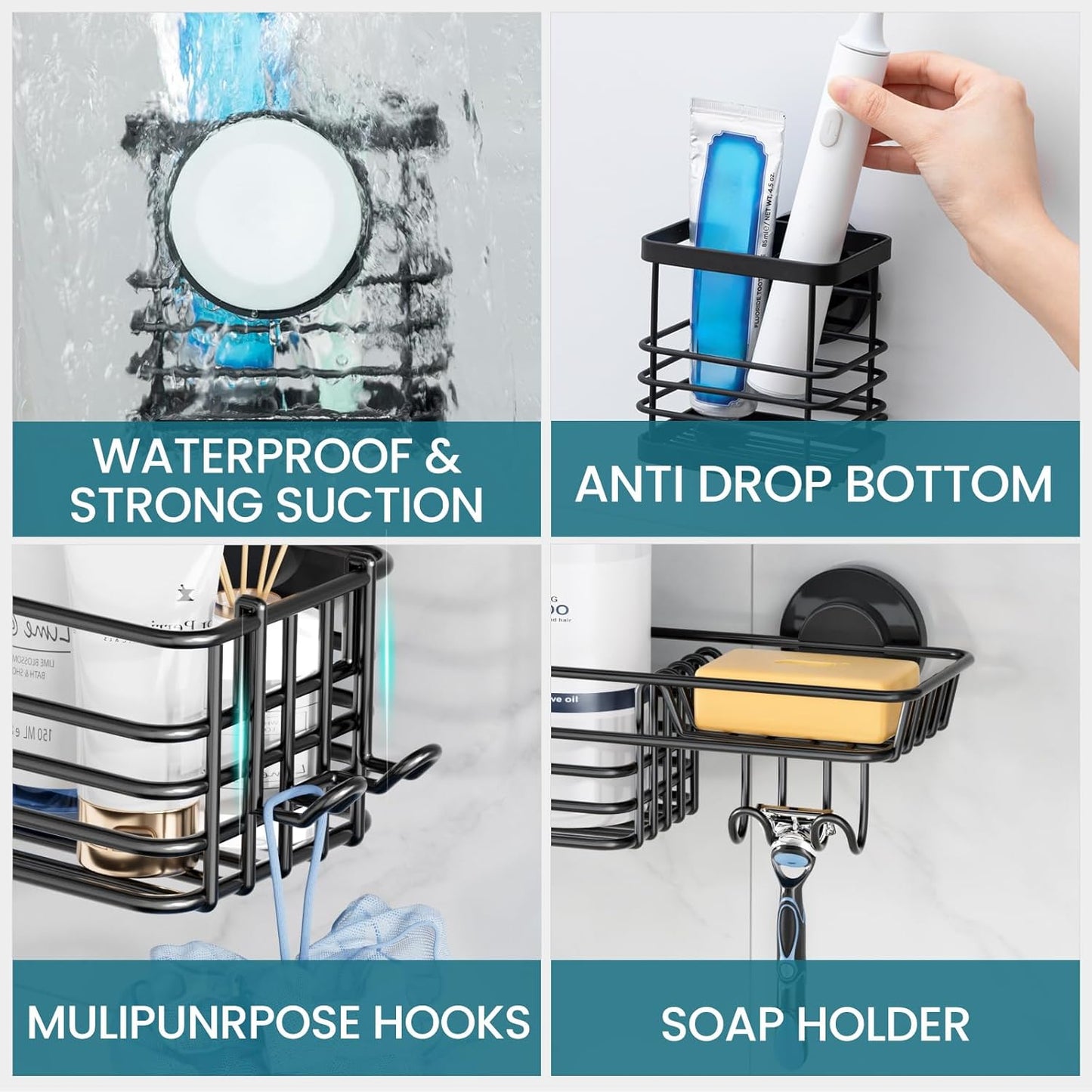 TAILI Shower Caddy Suction Cup, 3 Pack Shelves for Inside with Hooks & Soap holder Toothbrush Cups, Removable Bathroom Organizer, Rustproof Black Holder Storage-Black