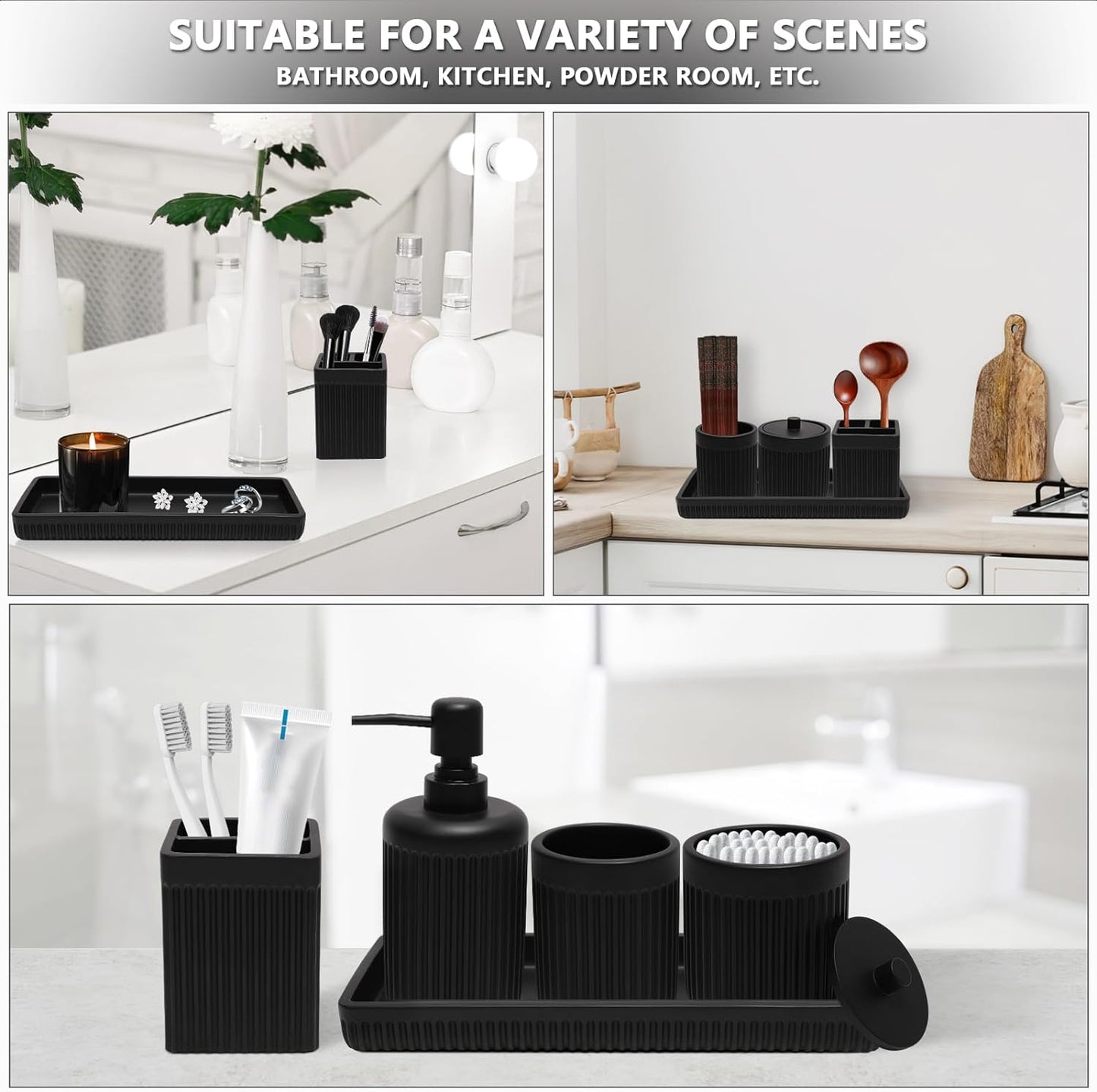 Resin Matte Black Bathroom Accessories Set 5 Pcs, Lotion Soap Dispenser, Toothbrush Holder, Bathroom Tumbler, Qtip Holder and Vanity Tray, Bathroom Countertop Organizer Set for Home Apartment