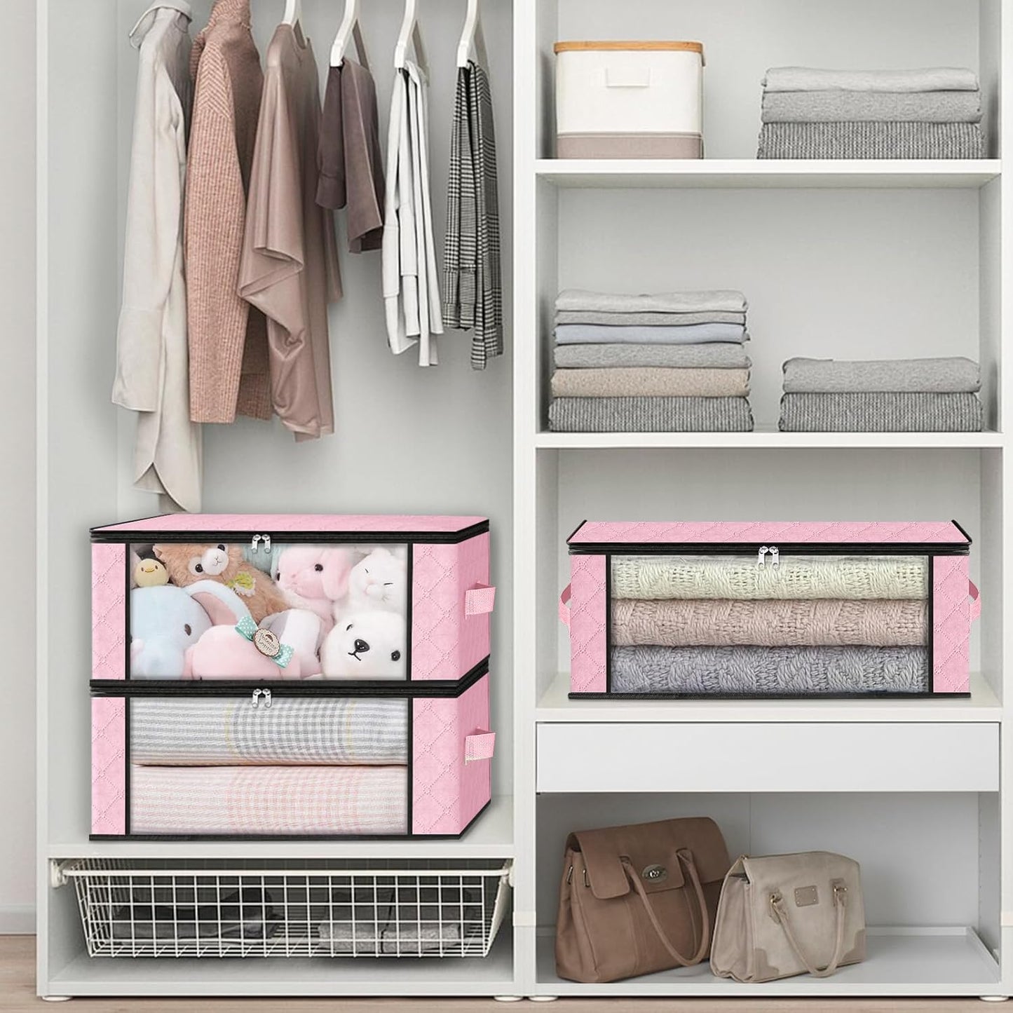 HomeHacks Storage 10-Pack Clothes Organizer Storage Bags Foldable Storage Box with Large Clear Window Sturdy Handles for Closet, Dorm, Pillows, Bedding, Clothes, Blankets, 35L, Pink