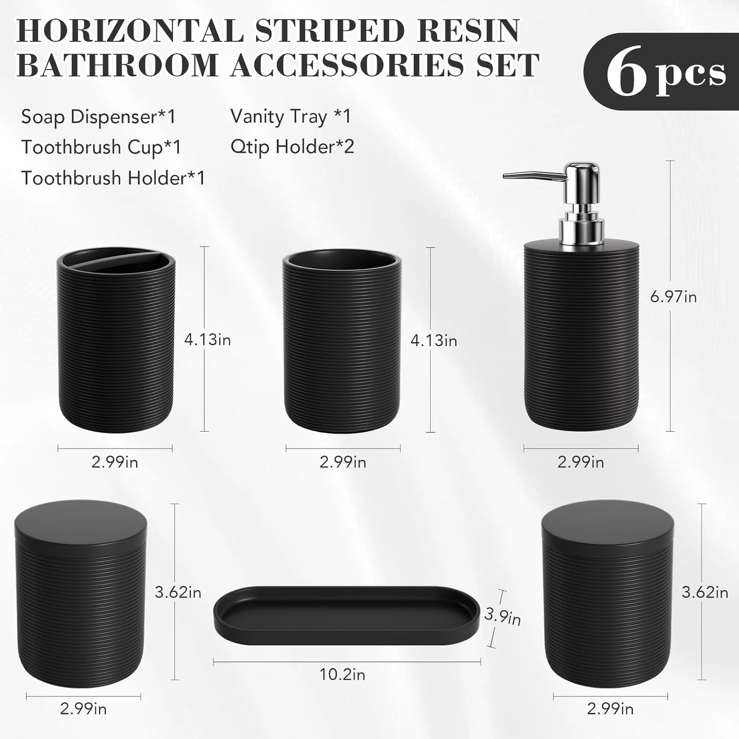 6-Piece Bathroom Accessory Set Resin, Black Bath Accessories Complete with Toothbrush Holder, Lotion Soap Dispenser, 2 Qtip Holders,Vanity Tray,Bathroom Tumbler - Countertop Vanity Organizer