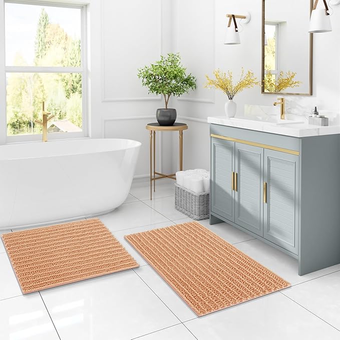 Arotive Luxury Chenille Bathroom Rug Mat, Extra Soft Thick Absorbent Shaggy Bath Rugs, Non-Slip Machine Wash Dry, Plush Bath Mats for Bathroom, Shower and Tub, 30x20, Peach