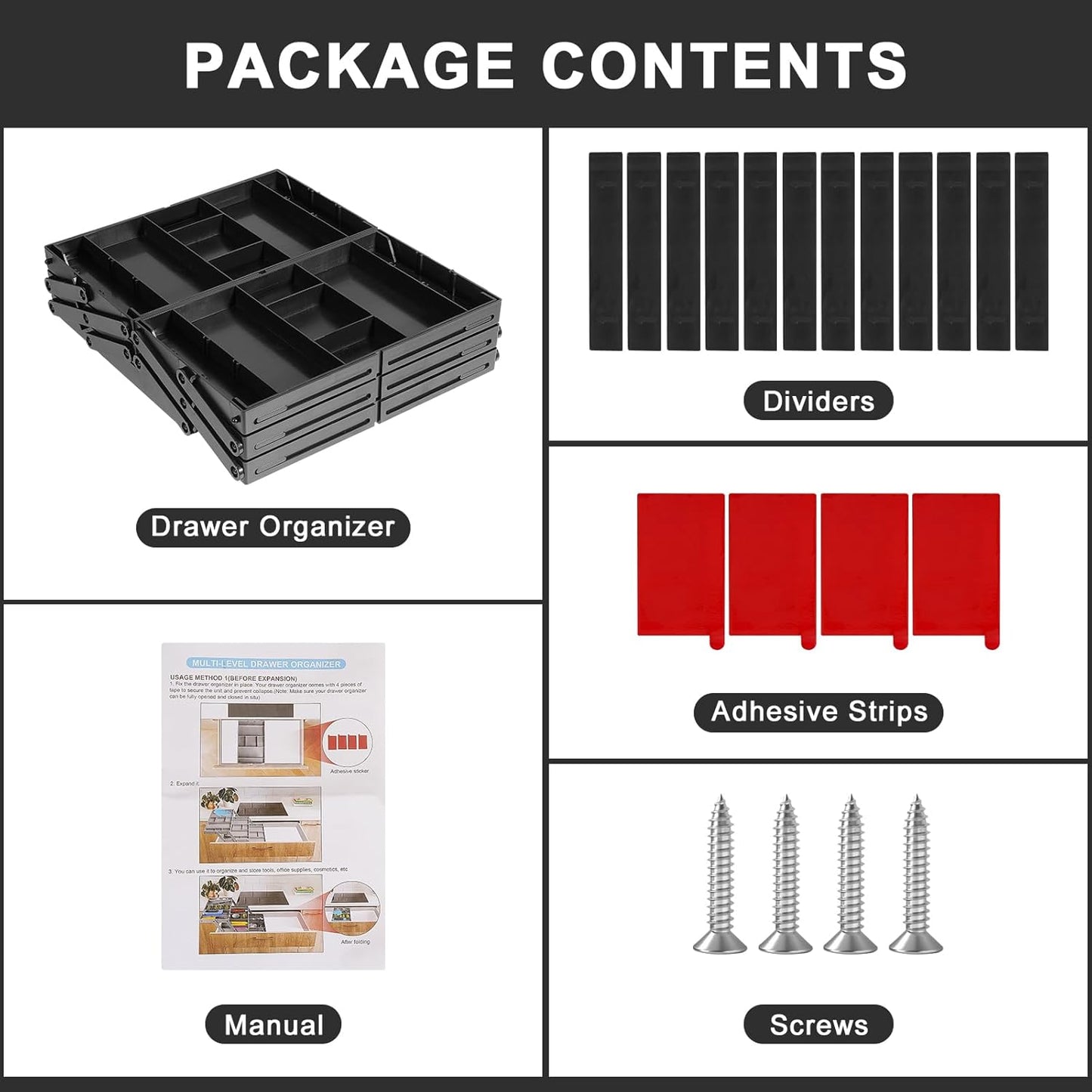 Aobiono Multi Level Smart Drawer Organizer, Multi Tier Expandable Storage Collapsible Foldable Trays for Jewelry, Cosmetics, Makeup, Tools, Battery (Black, Double Row - 3 Levels)