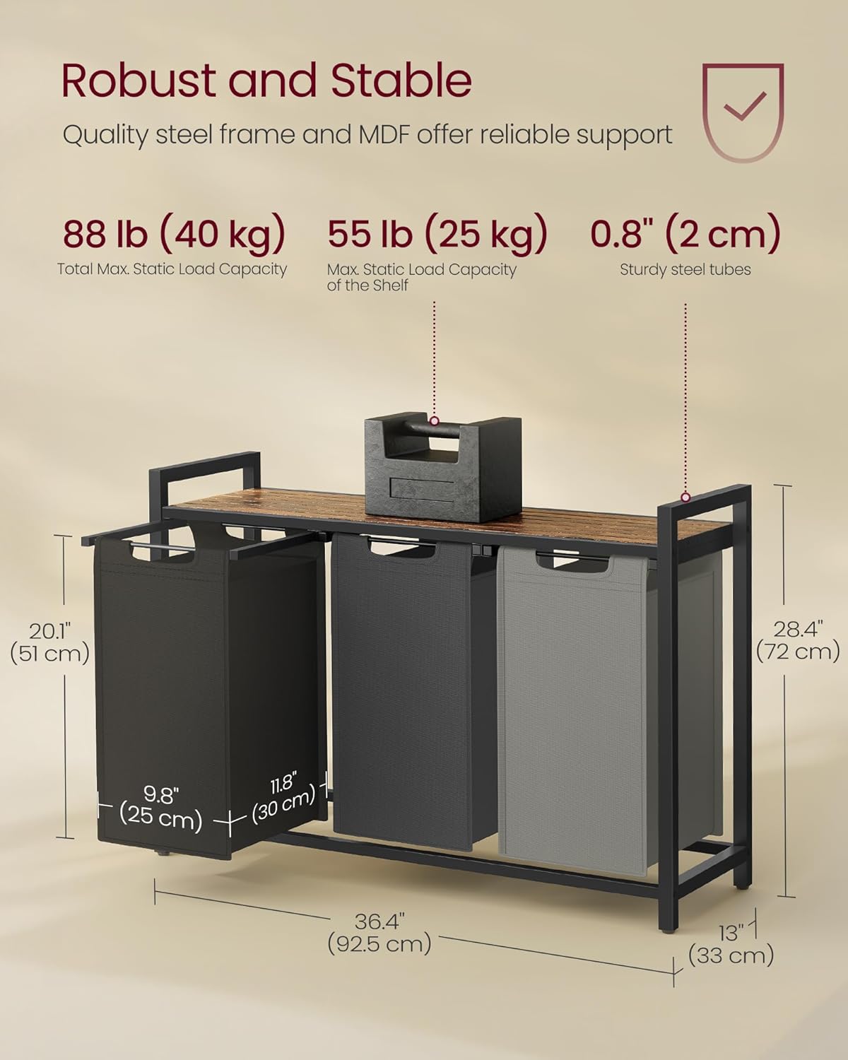 VASAGLE Laundry Hamper, Laundry Basket, Laundry Sorter with 3 Pull-Out and Removable Bags, Shelf, Metal Frame, 3 x 10.6 Gallons (40 L), 36.4 x 13 x 28.4 Inches, Tricolor and Rustic Brown UBLH301X01