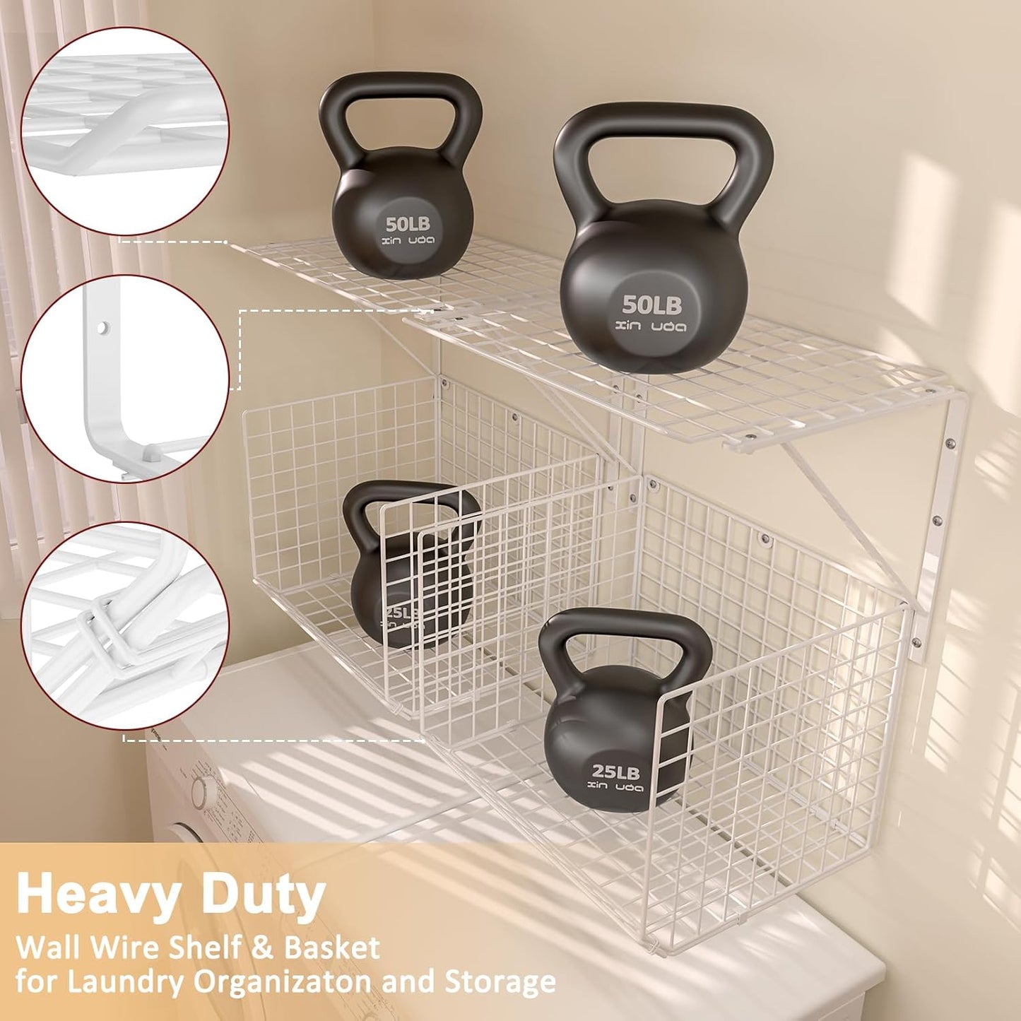 2 Pack Laundry Room Shelves Wall Mounted with Wire Baskets, Over the Washer and Dryer Shelf with Clothes Drying Rack, 8 Hooks,Wire Shelves Baskets for Laundry Closet Organization and Storage, White