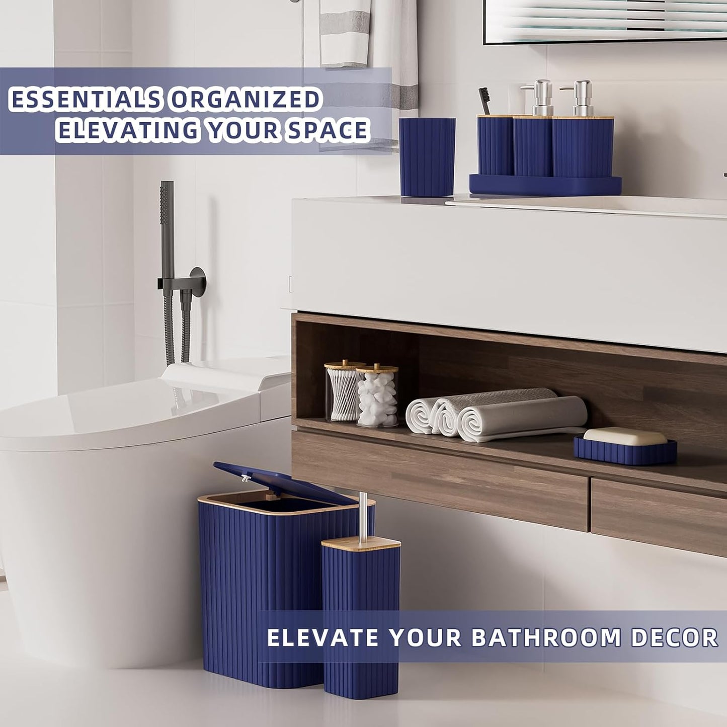 Bathroom Accessories Set - Elegant Blue Bathroom Set, 10PC Bathroom Accessory Set, Toilet Brush, Trash Can, Qtip Holder Dispenser & Soap Dispenser