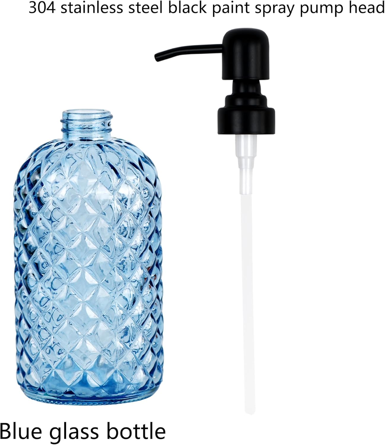 12Oz Glass Soap Dispenser with 304 Black Rustproof Stainless-Steel Pump, Refillable Glass Soap Dispenser for Kitchen, Bathroom, Farmhouse (Blue)