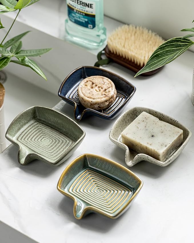 Ceramic Soap Dish, Bar Soap Holder with Drain Spout Self Draining Soap Saver for Shower Bathroom Kitchen Sink Bathtub, Keep Drying, Blue