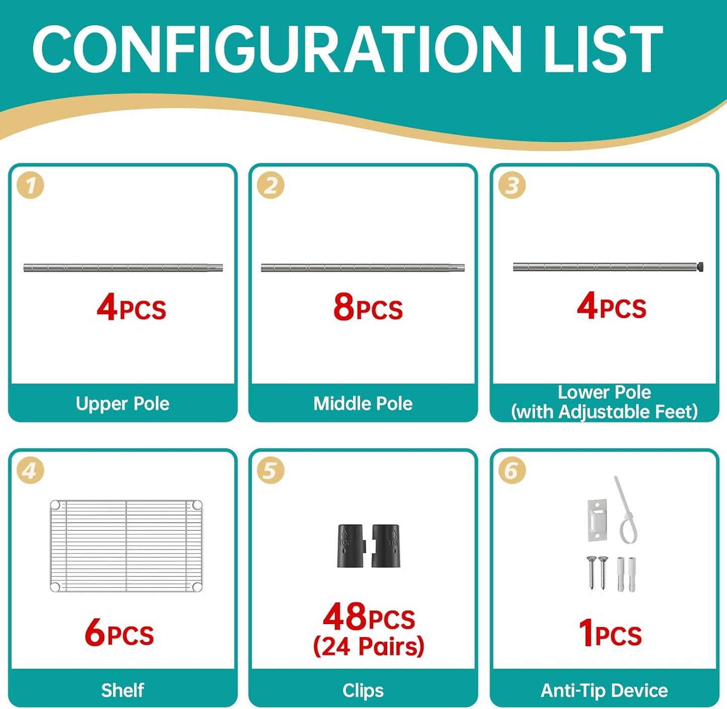 SINGAYE 6 Tier Shelf Wire Shelving Adjustable Storage Shelves Rack Standing Units for Kitchen Closet Laundry Bathroom Organizers Metal Pantry Narrow Mesh Gaps 10" D x 16" W x 60" H Gray