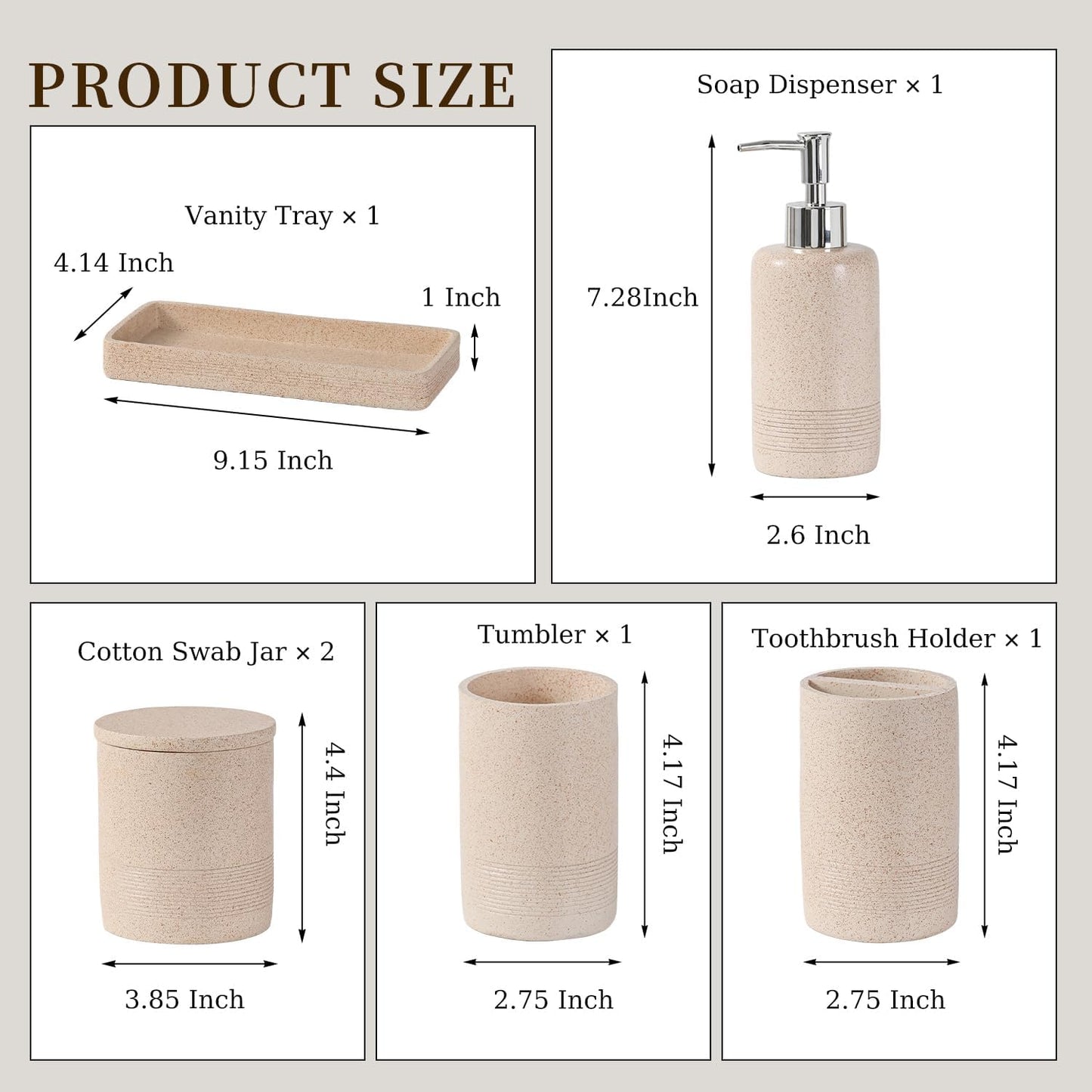 Bathroom Accessories Set, 6 PCS Modern Rustic Resin Bathroom Organizer Set, Toothbrush Holders Set, Soap Dispenser, Vanity Tray, Tumbler, Cotton Swab Jars (Beige)