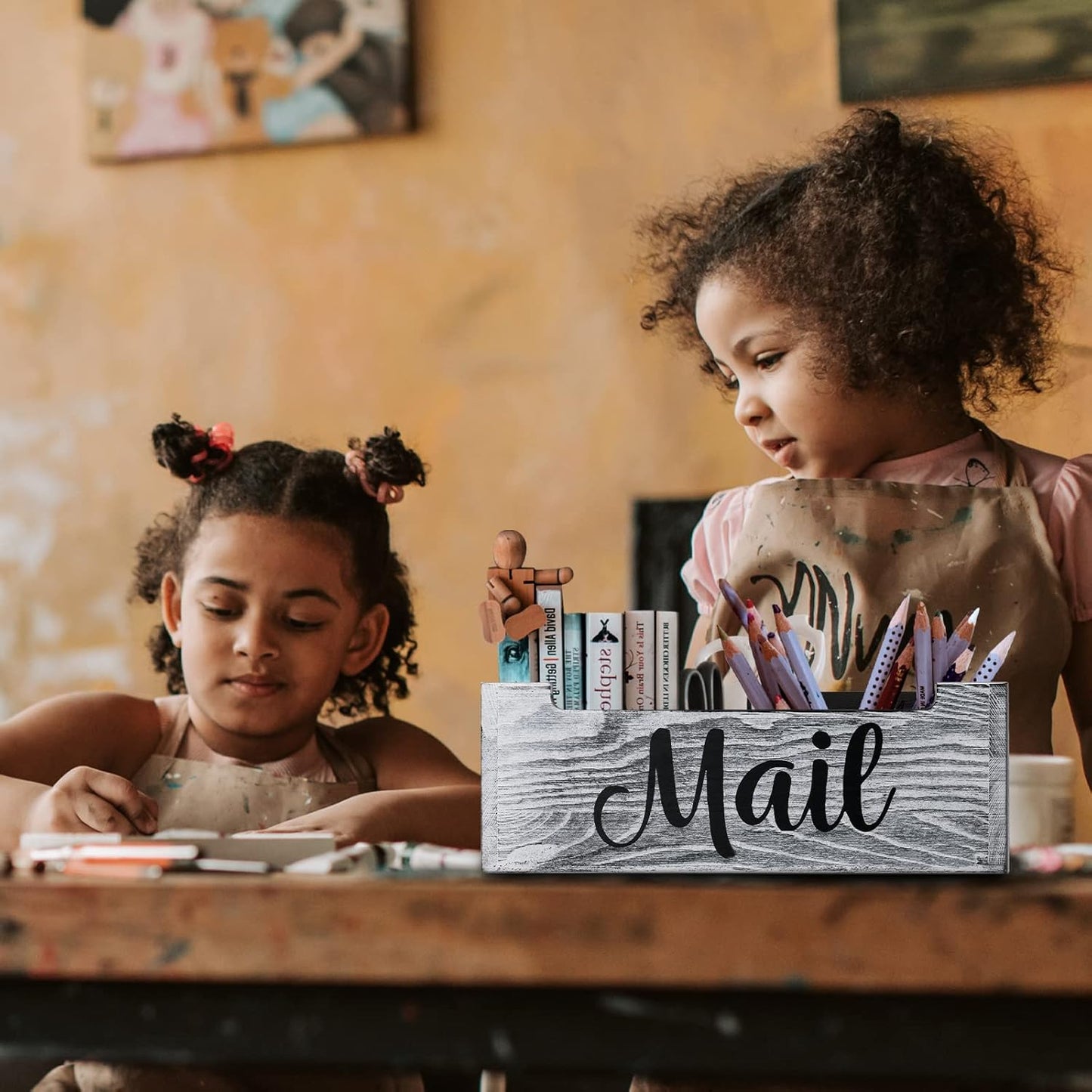 Mail Organizer Holder Countertop, Rustic Wood Mail Basket Storage Tray Letter Holder for Office Desk Wall Mount - Grey