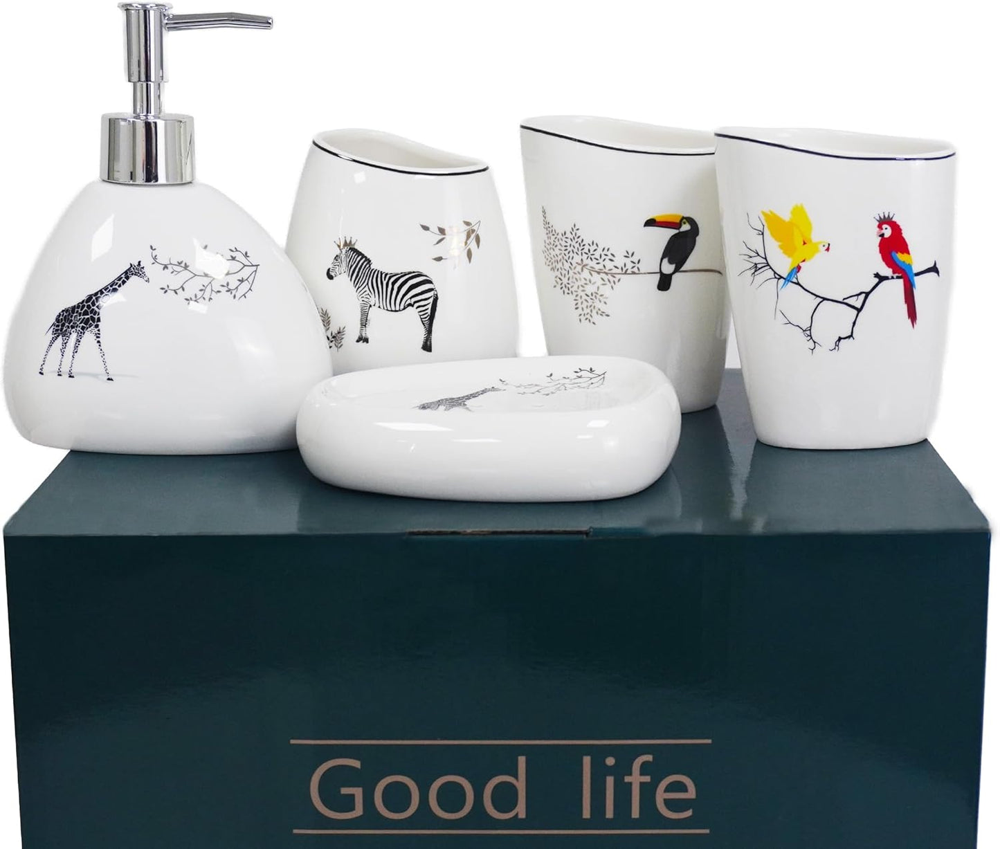 5 Piece Ceramic Bathroom Accessory Set with Animal Pattern, Includes Soap Dispenser, Toothbrush Holder, Soap Dish & 2 Mouthwash Cups, Modern Elegant Countertop Decor for Bathroom Vanity