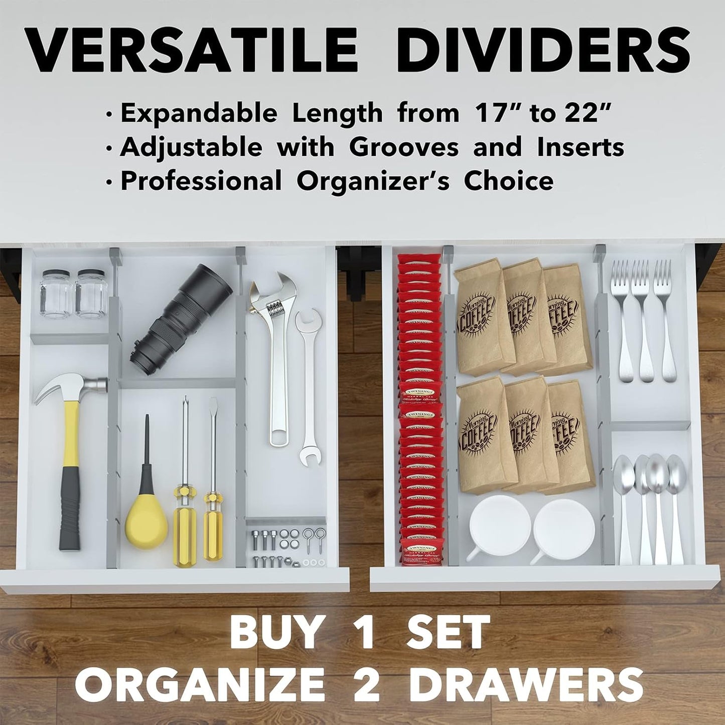 SpaceAid Bamboo Drawer Dividers with Inserts and Labels, Kitchen Adjustable Drawer Organizers, Expandable Organization for Home, Office, Dressers, 4 Dividers with 9 Inserts (17"-22" Gray)