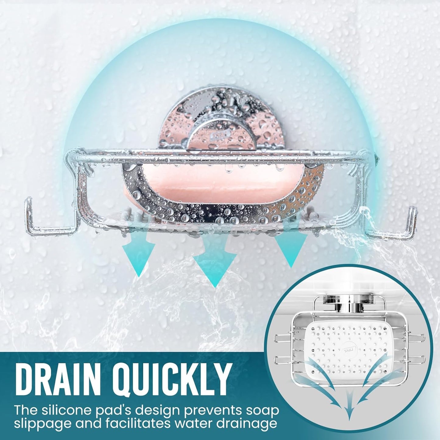 TAILI Bar Soap Holder Suction Cup with Hooks and Silicone Soap Saver Pad for Bath Shower Wall, Shampoo Caddy for Bathroom, Tub, Kitchen, Rustproof Stainless Steel Sponge Holder, Silver