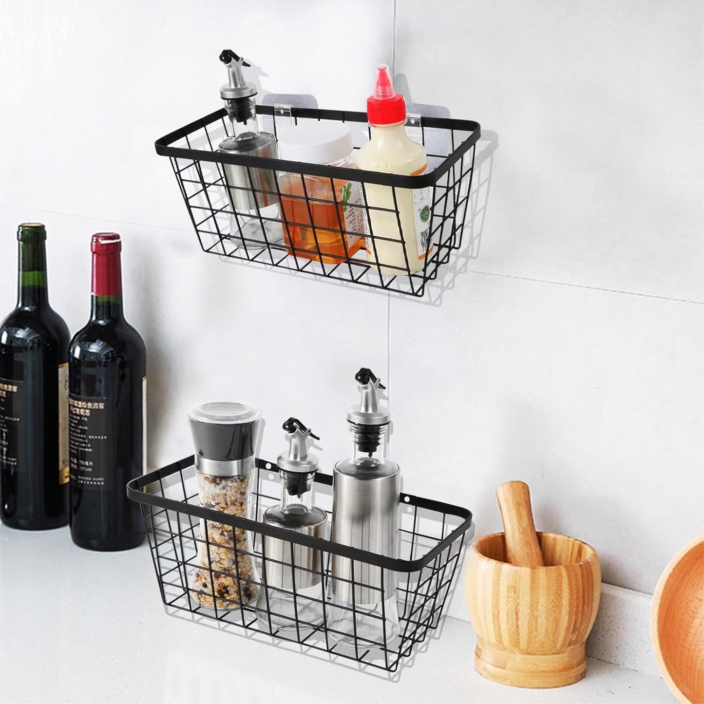 4 set Hanging Wall Basket Organizer,Over the Cabinet Door Wire Baskets for Organizing -Space-Saving Hanging Baskets for Organizing,Wall Mount Storage,No Drilling Adhesive Wall Storage Basket, Black