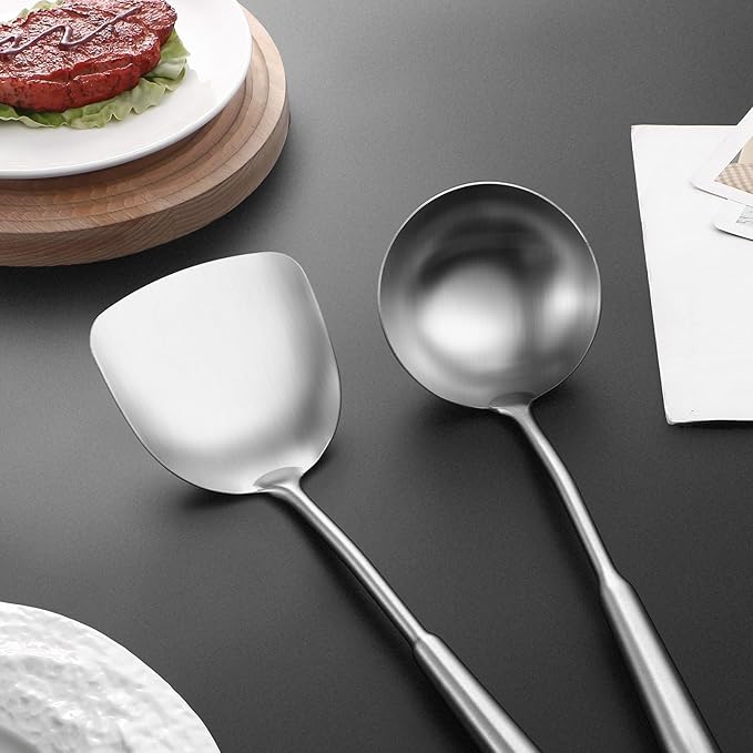 14-15" Wok Spatula and Ladle,2 PCS Wok Tools Set,304 Stainlss Steel Cooking Utensils,Matte Wok Accessories,Solid Wok Utensils