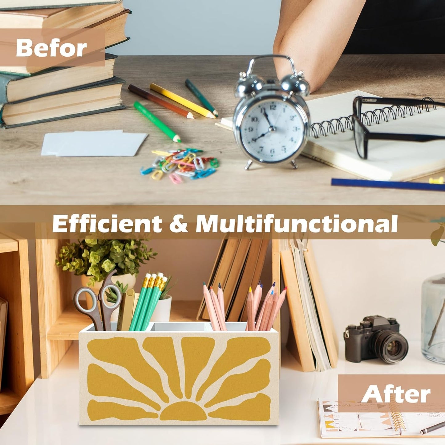 DILSJ Boho Abstract Sunshine Pen Pencil Holder Organizer for Desk, Boho Office Decor, Groovy Retro Abstract Sunshine Wooden Box Signs for Home Office Desk Tabletop Decoration