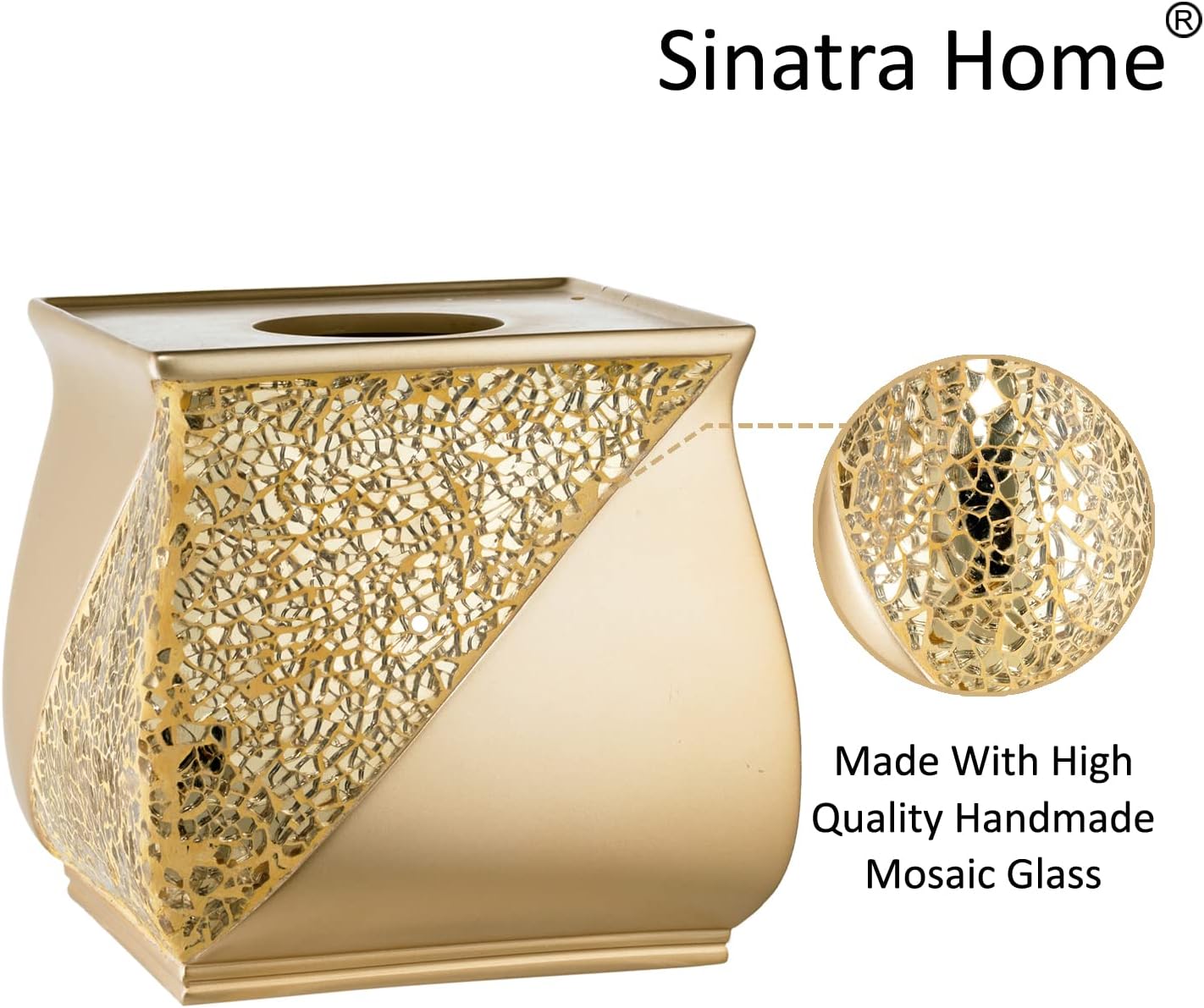 Zahari Home 2pc Sinatra Modern Bath Accessories Set Waste Basket & Tissue Box Champagne Gold Modern Decorative Beautiful Designs Bathroom Decor Set for Home Luxury Bath Set Mosaic Glass