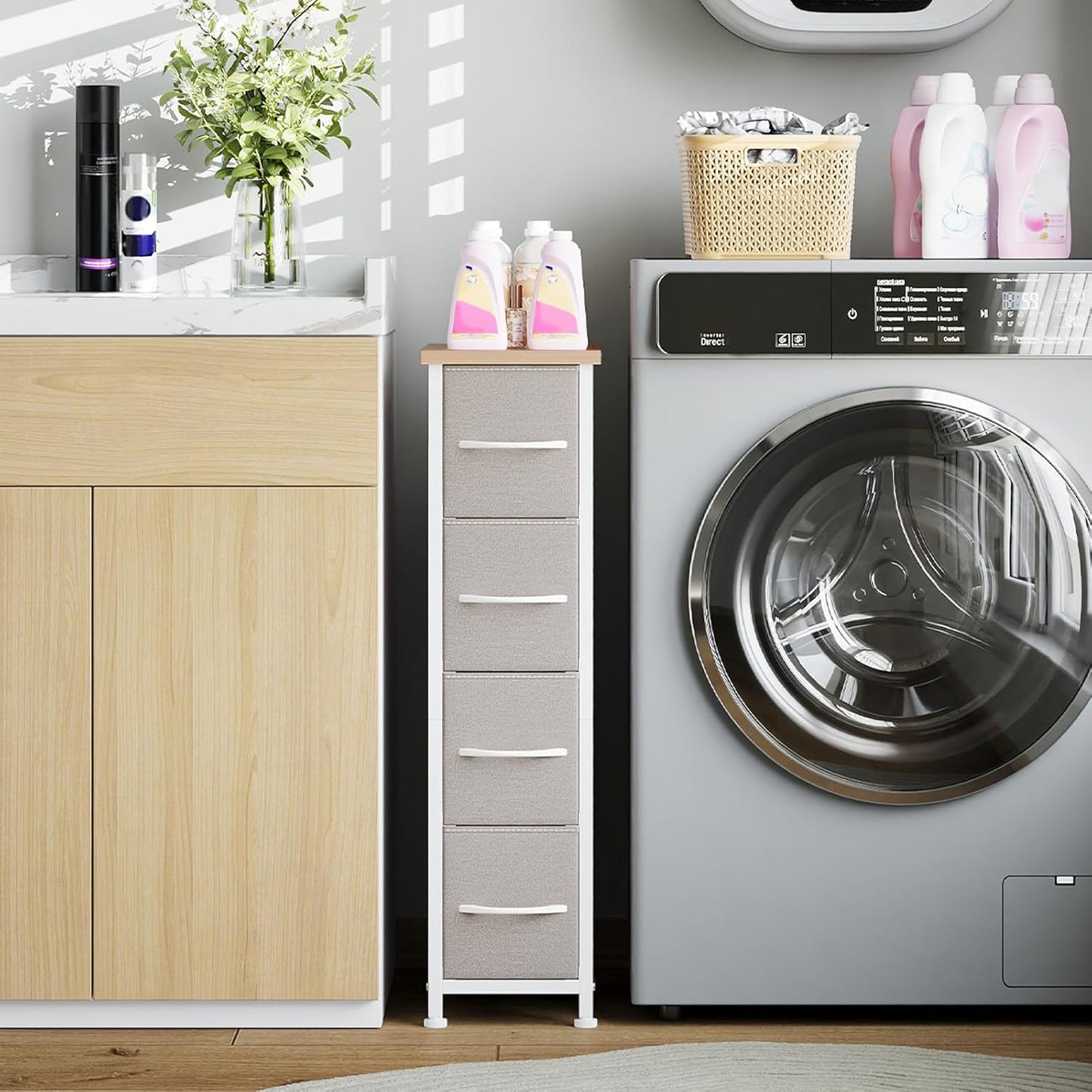 Somdot Narrow Dresser with 4 Drawers, Slim Storage Organizer Chest of Drawers with Removable Fabric Drawers for Small Spaces Bathroom Closet Bedroom Laundry, Ash Grey