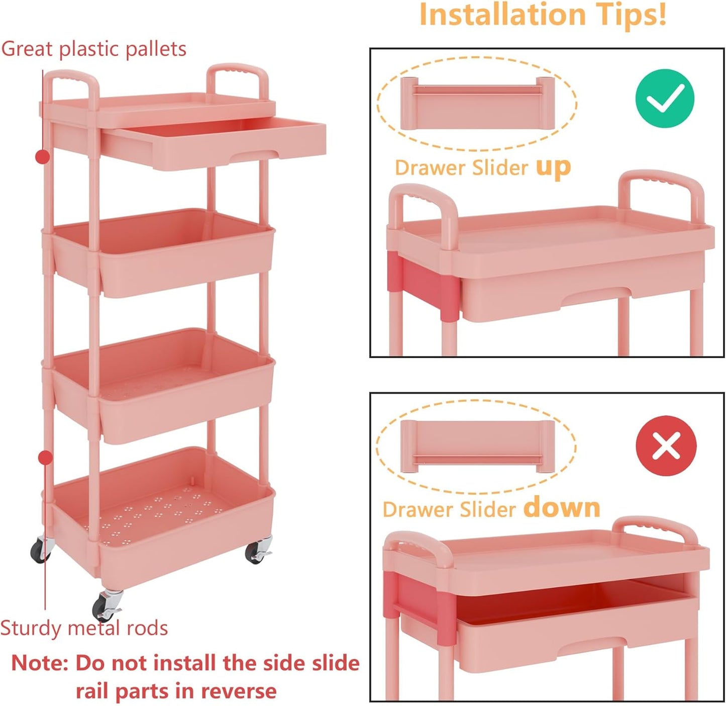 Calmootey 4-Tier Rolling Utility Cart with Drawer,Multifunctional Storage Organizer with Plastic Shelf & Metal Wheel,Storage Cart for Kitchen,Bathroom,Living Room,Office,Pink