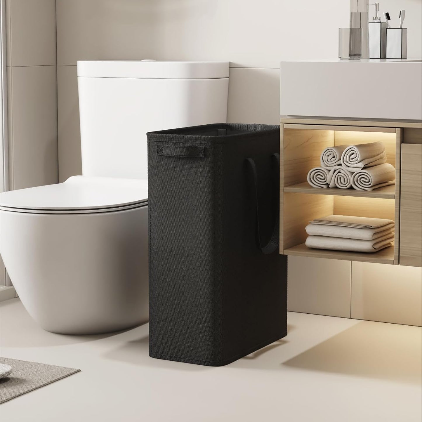 Lifewit 2 Pack Slim Laundry Hamper, Collapsible Narrow Laundry Basket, Small Tall Dirty Clothes Hampers with Handles for Bathroom Bedroom College Dorm, Black, 50L