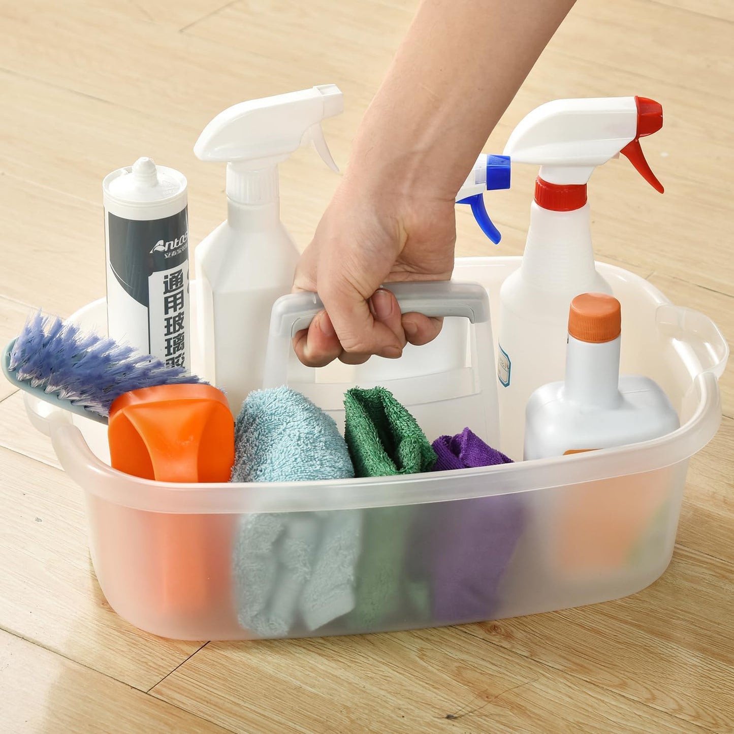 Haundry Large Cleaning Caddy with Handle, Cleaning Tool Storage Basket Organizer, Sturdy Pail Bucket Organizer, Household Bucket for Cleaning Supplies - Clear