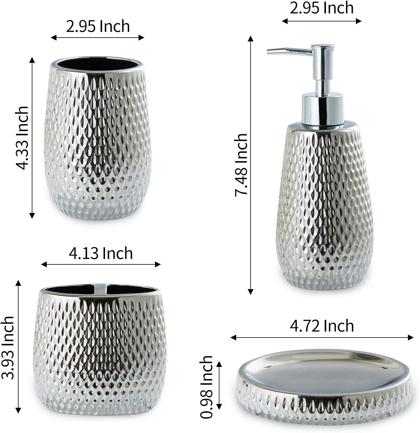 Silver Bathroom Accessory Set 4 Piece Ceramic Bath Accessories Sets Complete, Rain- Drop Shaped Bathroom Essential with Toothbrush Holder & Dish, Tumbler, Soap Dispenser Set for Bath Decor