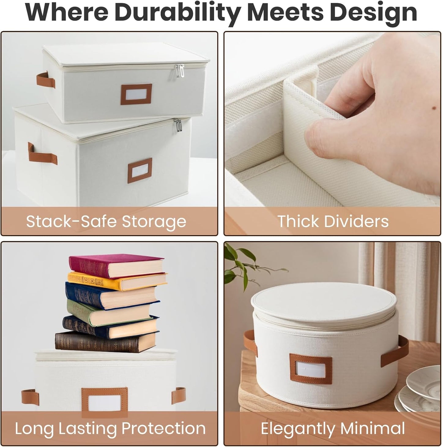 HOMELUX THEORY Plate Storage Box, 2pc 12"x8" Ivory Hard Shell China Storage Containers, Kitchen Storage Bins With Lids, Heavy Duty Moving Box with Handles for Dishes, Dinner Plate & Dinnerware