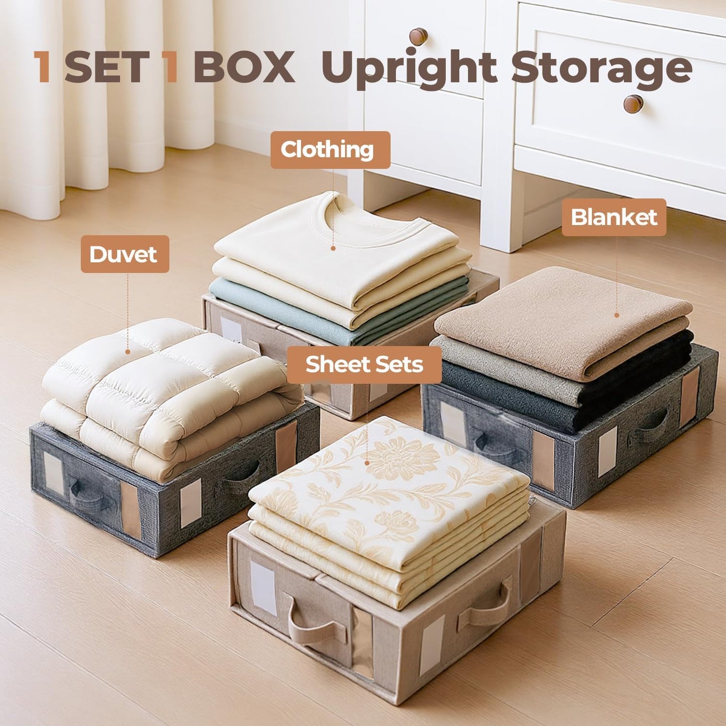 6Pack Sheet Organizers and Storage - King/Queen Size Sheet Storage Organizer with Window, Foldable & Dustproof Sheet Organizer for Linen Closet for Summer Blankets & Sheet Sets,Beige