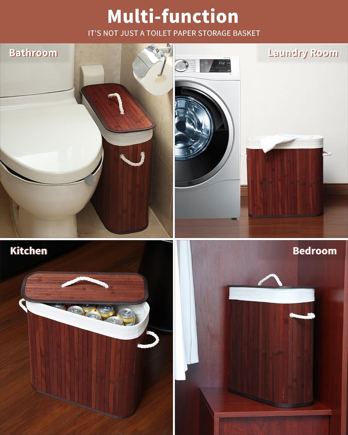 Bamboo Toilet Paper Storage with Lid & Handel, 8 Gallons (30L), Sturdy Toilet Paper Basket, Organizer for Bathroom, Kitchen, Holder with Storage, Brown