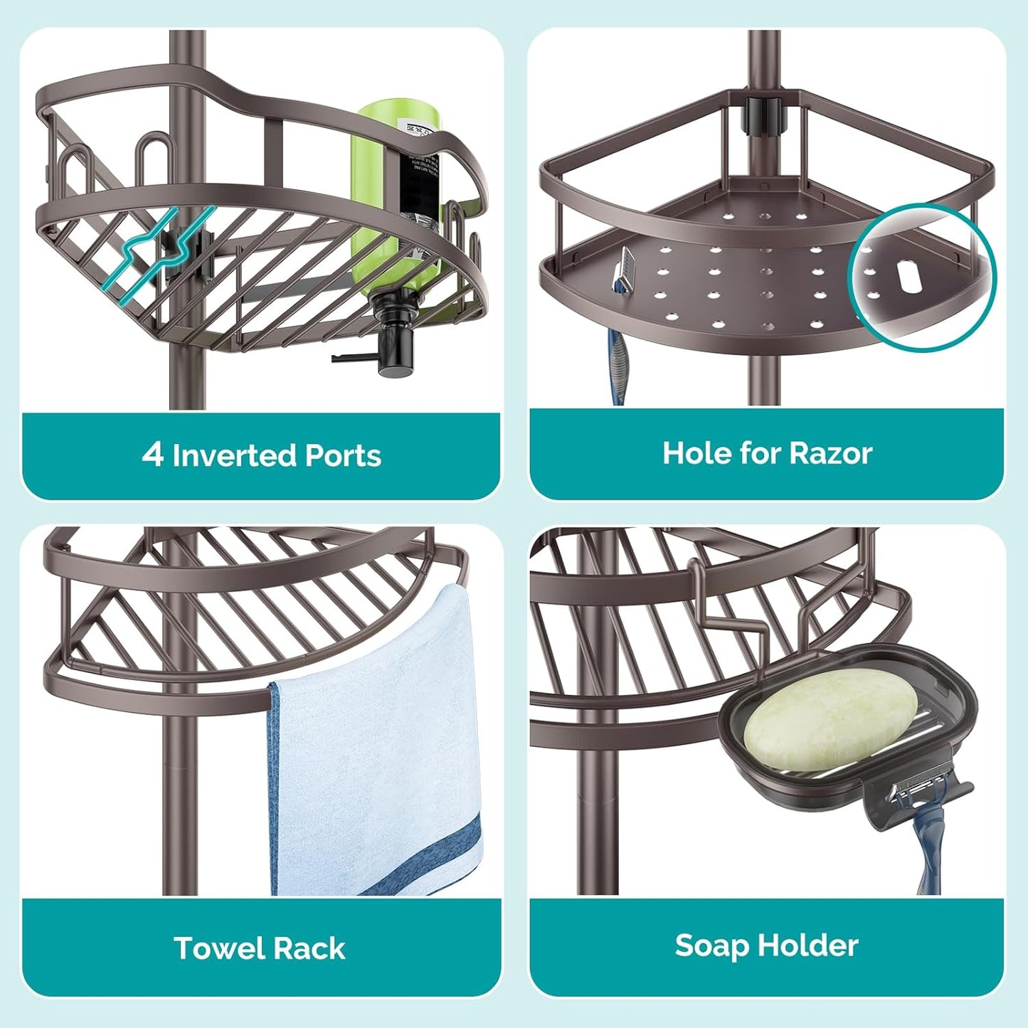 HAMITOR Corner Shower Caddy Tension Pole: Rustproof Stable 4-Tier Bathroom Organizer Shelves for Bathtub Shampoo Storage - 47-121 Inch Quick Install Adjustable Standing Rack with Soap Rack - Bronze