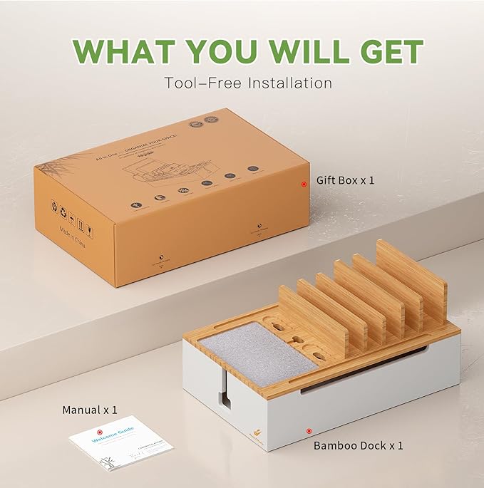 Pezin & Hulin Bamboo Charging Station, Electronic Devices Organizer for Multiple Devices Charger Such As Cell Phone, Tablet, Watch and More, Natural+White, (No USB Charger and Cables