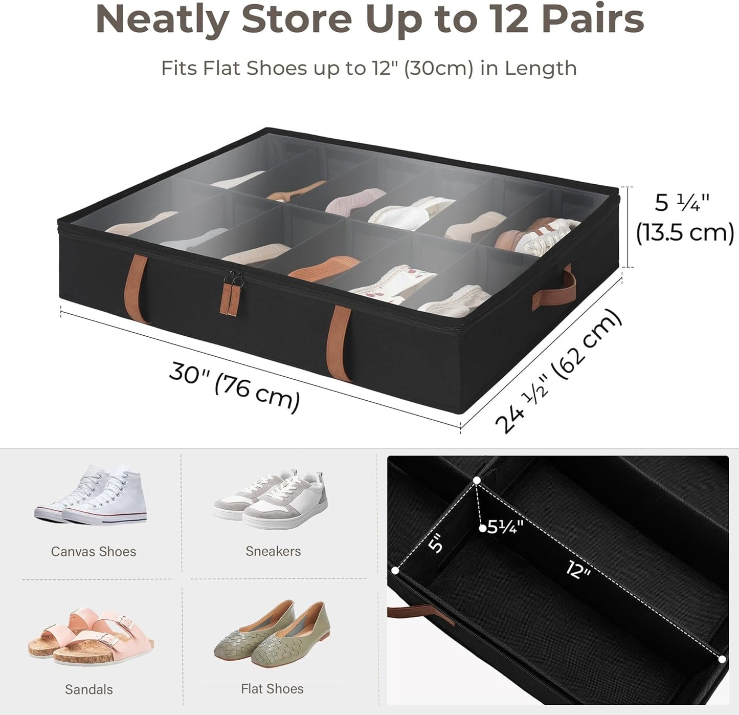 StorageWorks Shoe Organizer Under Bed for Closet, 2-Pack Ultra-thick Fabric Shoe Storage Containers with Bottom Support and Adjustable Dividers, Fits up to 24 Pairs, Black