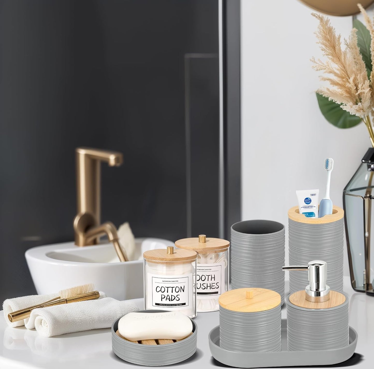 IMAVO Bathroom Accessory Set-11Pcs Grey Bathroom Accessories Set with Trash Can,Soap Dispenser,Soap Dish,Toothbrush Holder,Toothbrush Cup,Toilet Brush Holder,Qtip Holder Dispenser with Labels
