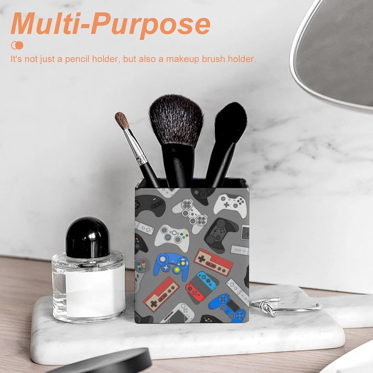 Square Pen Holder & Pencil Organizer for Desk - Office Storage Organizer, Markers/Makeup Brushes/Scissors Holder, Compact Desk Decor Accessories for Home Classroom School(Video Games)