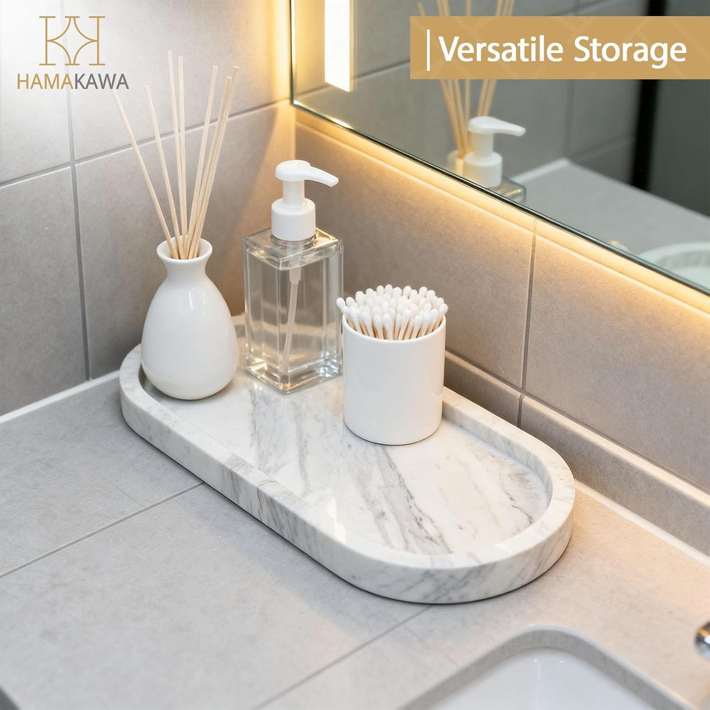 Oval Bathroom Vanity Tray, Large Natural Marble Sink Tray 10 Inch, Volakas White Stone Soap Trays, Modern Perfume Trays, Countertop Organizer for Kitchen, Coffee Table, Home Decor