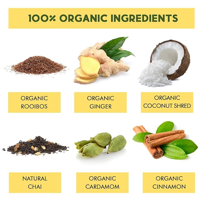 Coconut Rooibos Chai Tea Pods for Keurig - Organic Ginger Tea, Rooibos, Cinnamon, Cardamom, Coconut & Chai by Teavity (12 Tea Pods)