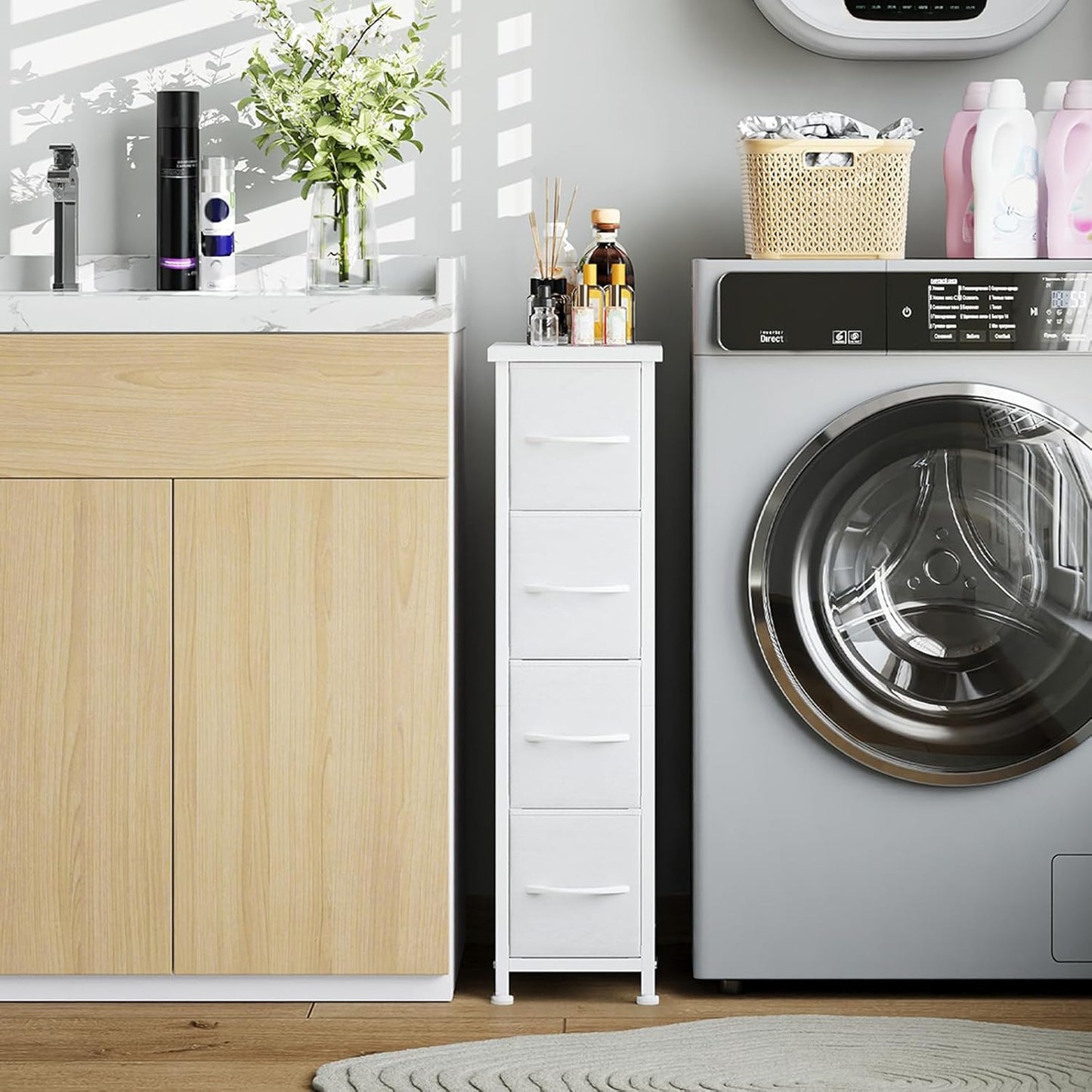 Somdot Narrow Dresser with 4 Drawers, Slim Storage Organizer Chest of Drawers with Removable Fabric Drawers for Small Spaces Bathroom Closet Bedroom Laundry, White Leather