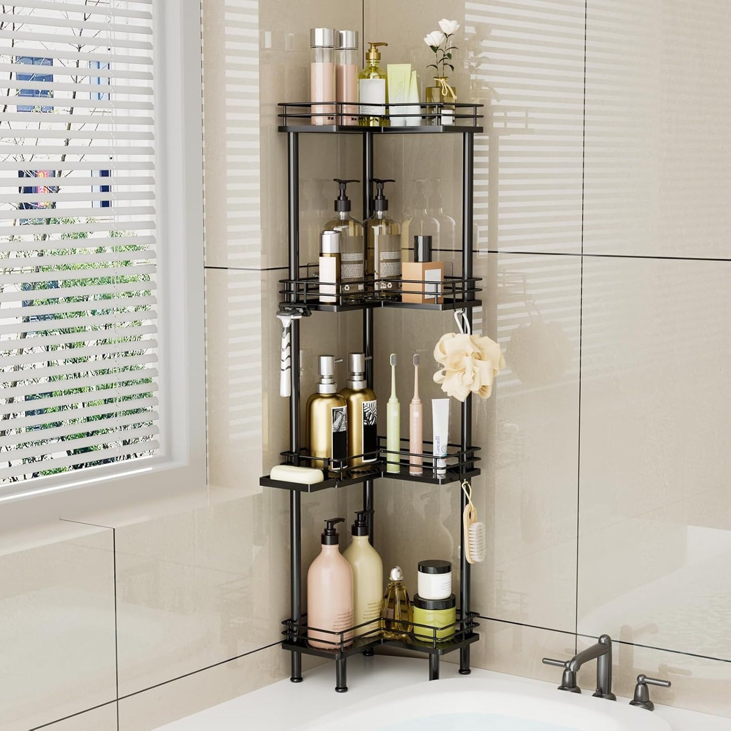 Consumest Corner Shower Caddy Standing - 4-Tier Stainless Steel Shower Organizer with Soap Holder and 4 Hooks, Large Capacity Corner Shelf Stand for Bathroom, Rest Room, Black